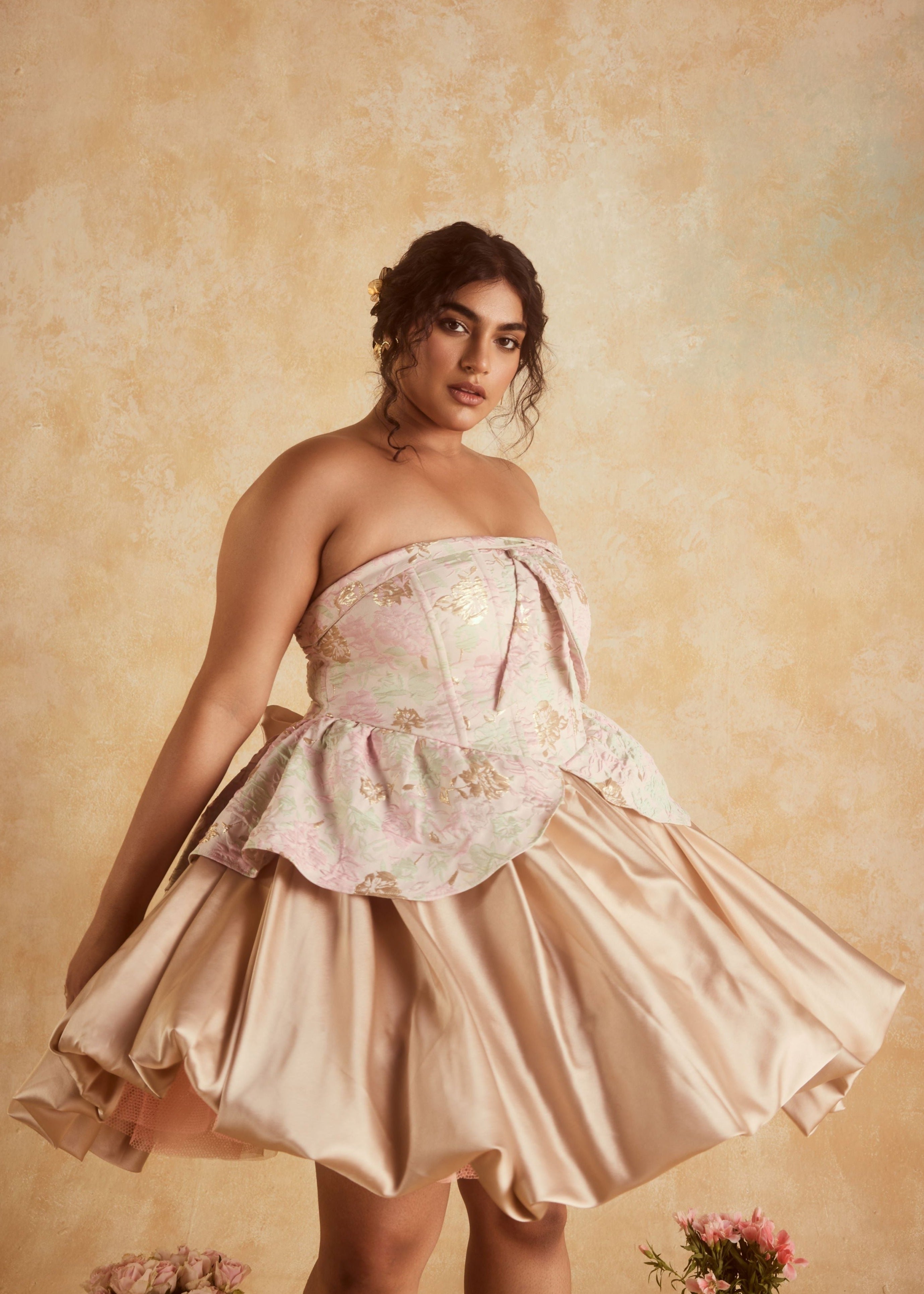 "Elegant Emersyn Blush and Gold Embroidered Jacquard Puff Corset Mini Dress with Luxurious Detailing."