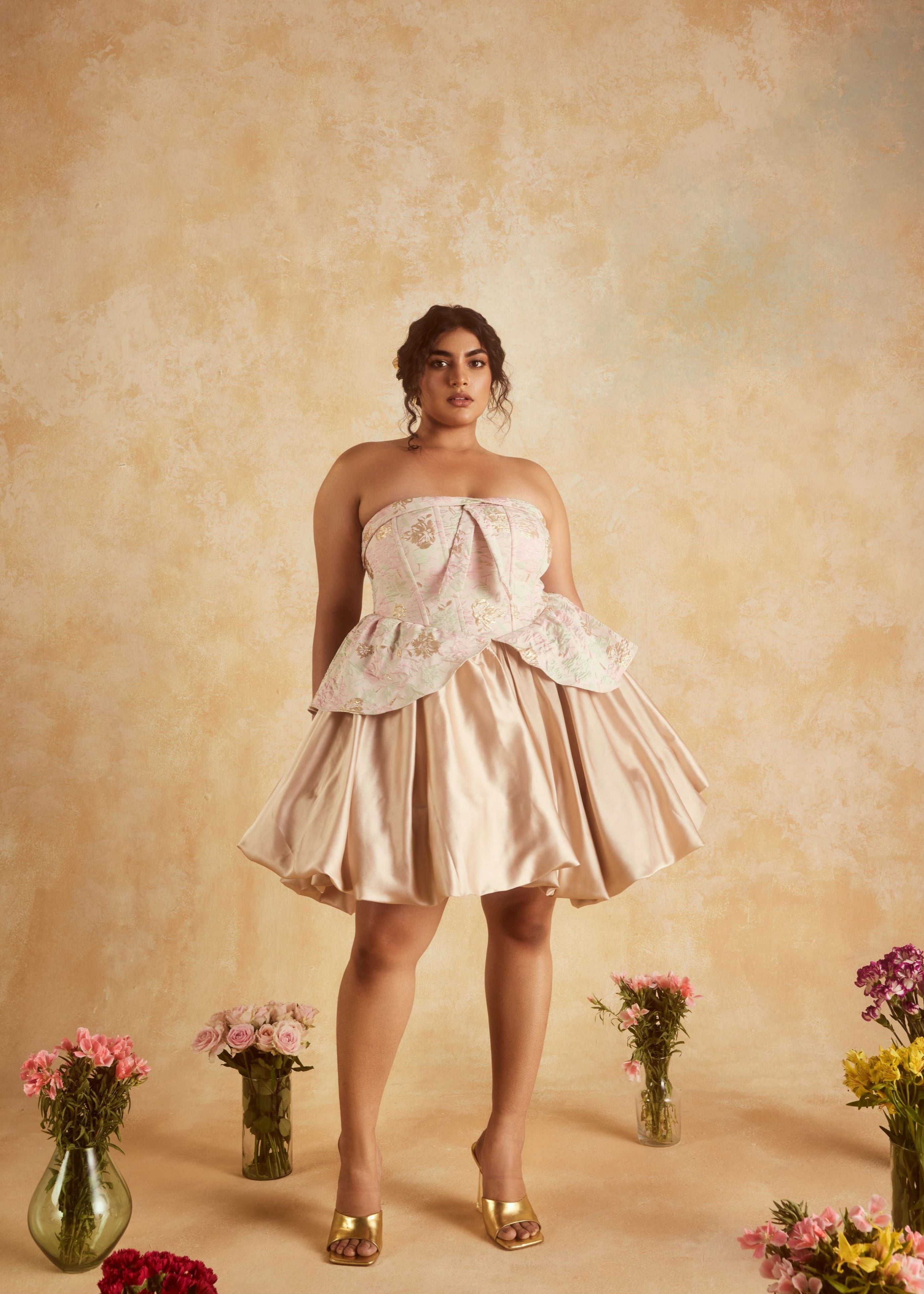 "Elegant Emersyn Blush and Gold Embroidered Jacquard Puff Corset Mini Dress with Luxurious Detailing."