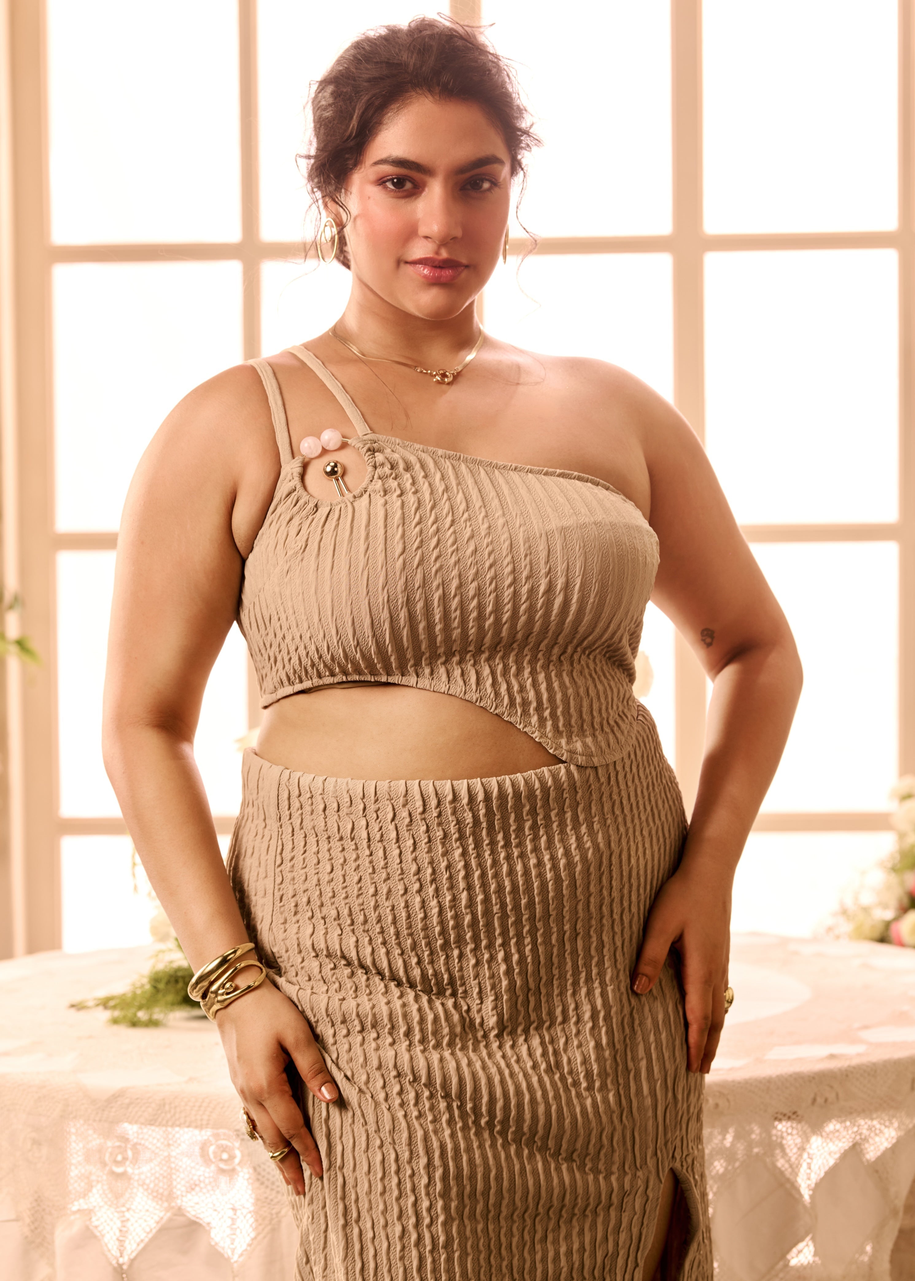 Euphemie Beige Textured Knit Embellished Coord Set