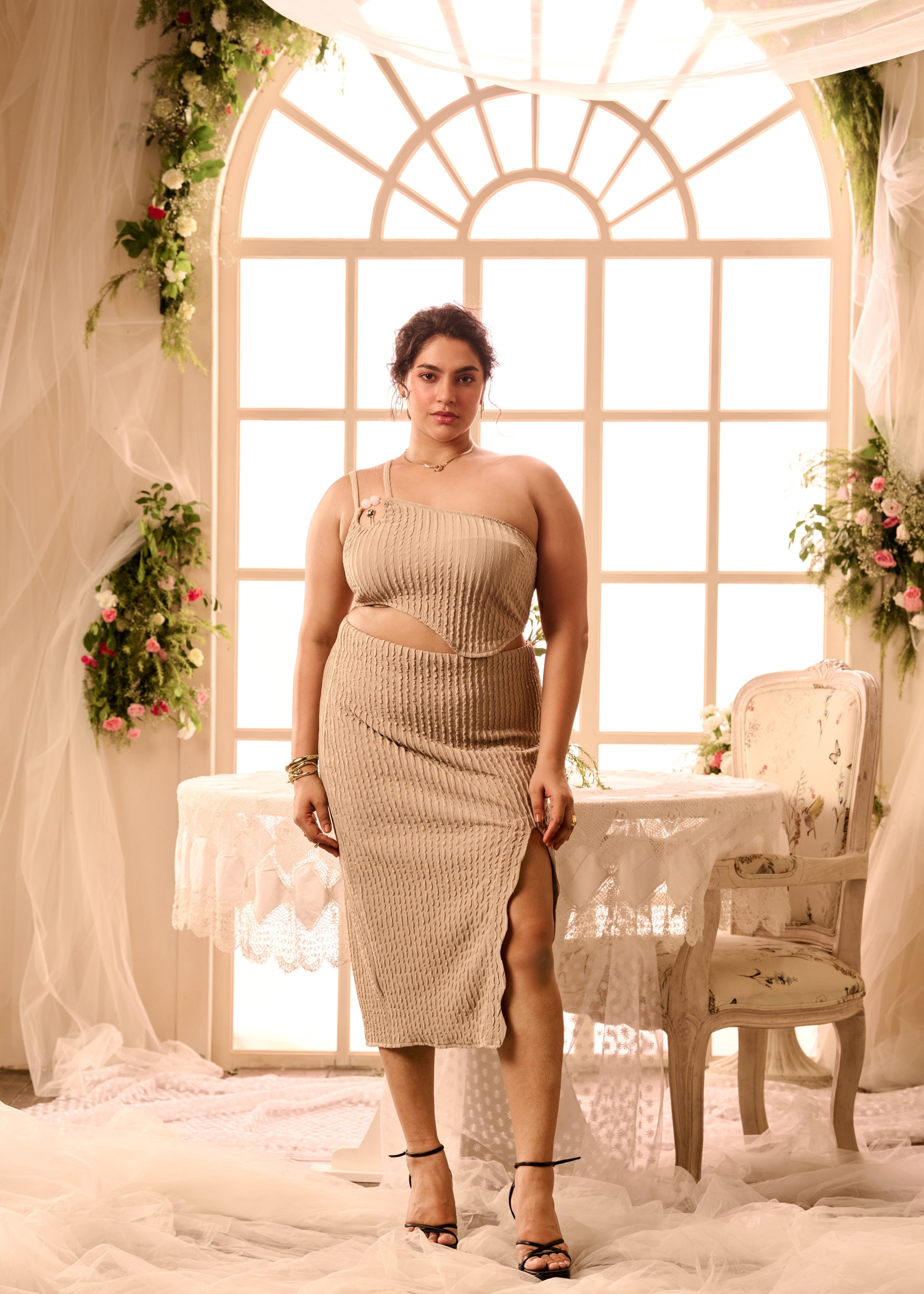 Euphemie Beige Textured Knit Embellished Coord Set