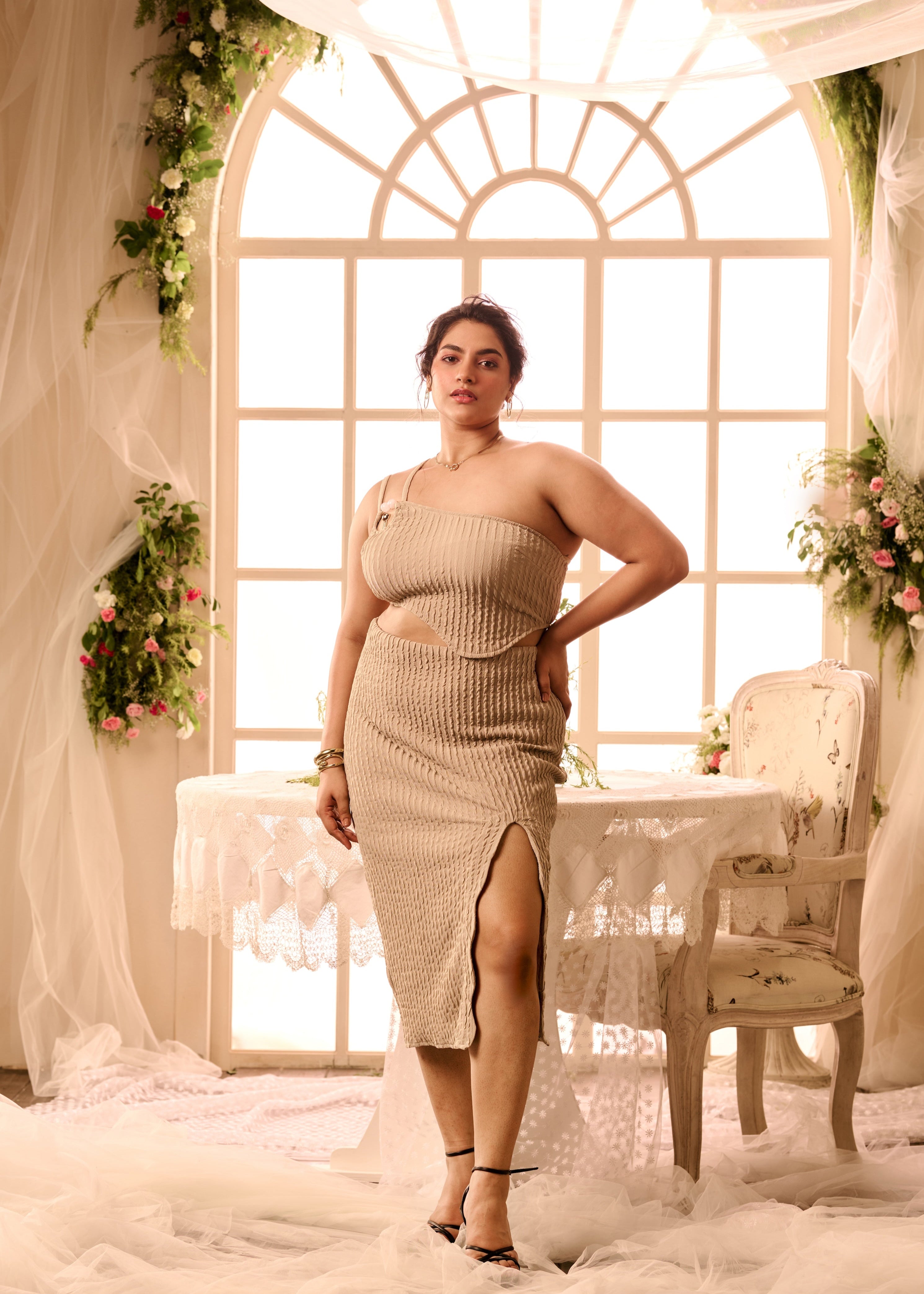 Euphemie Beige Textured Knit Embellished Coord Set