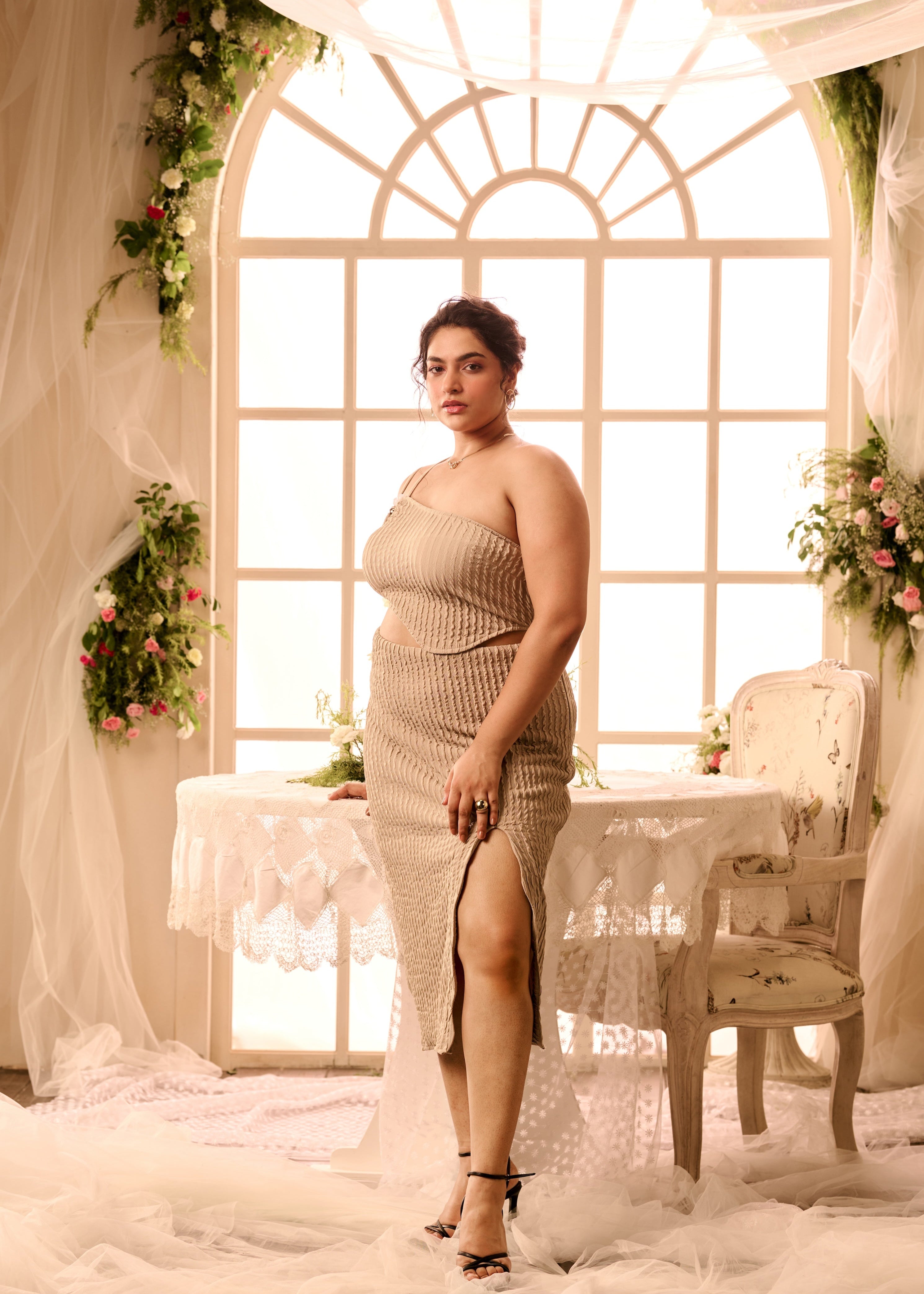 Euphemie Beige Textured Knit Embellished Coord Set