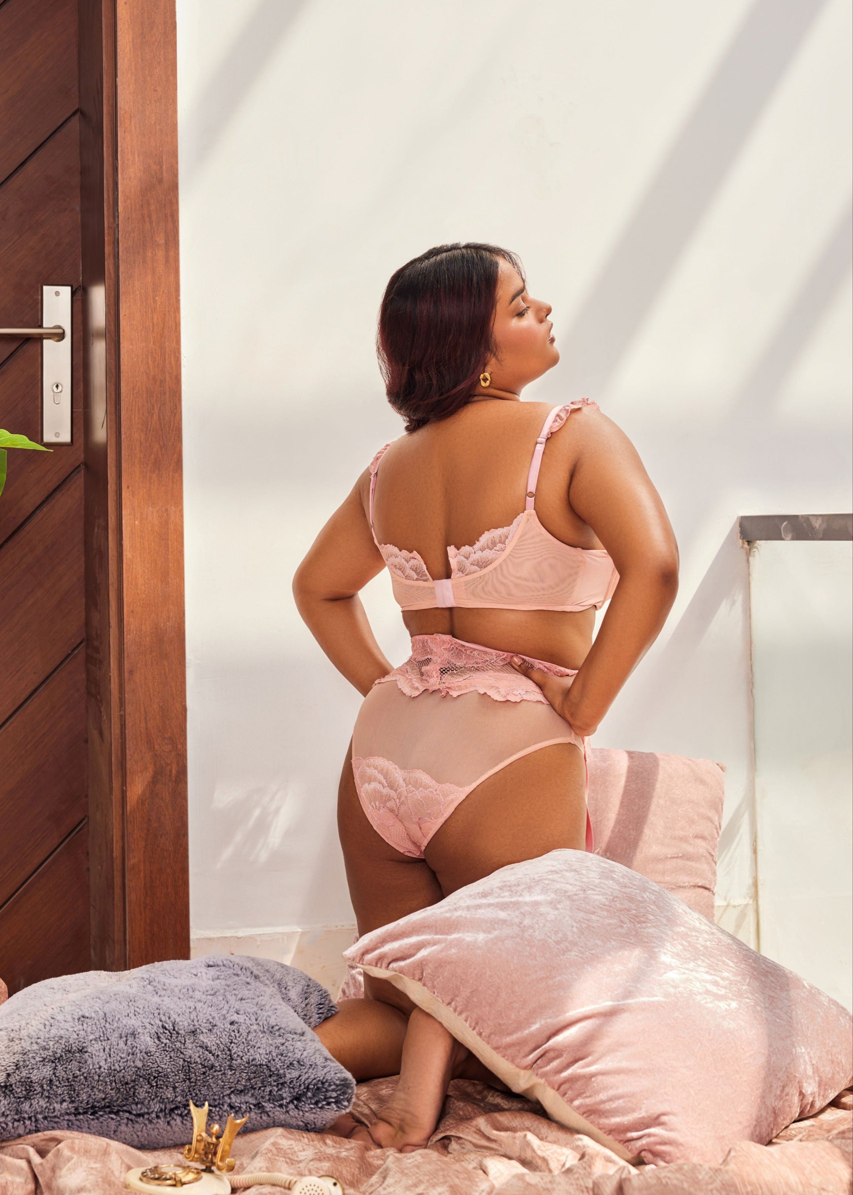 "Evelyn Baby Pink Lace Garter and Briefs with Delicate Detailing."