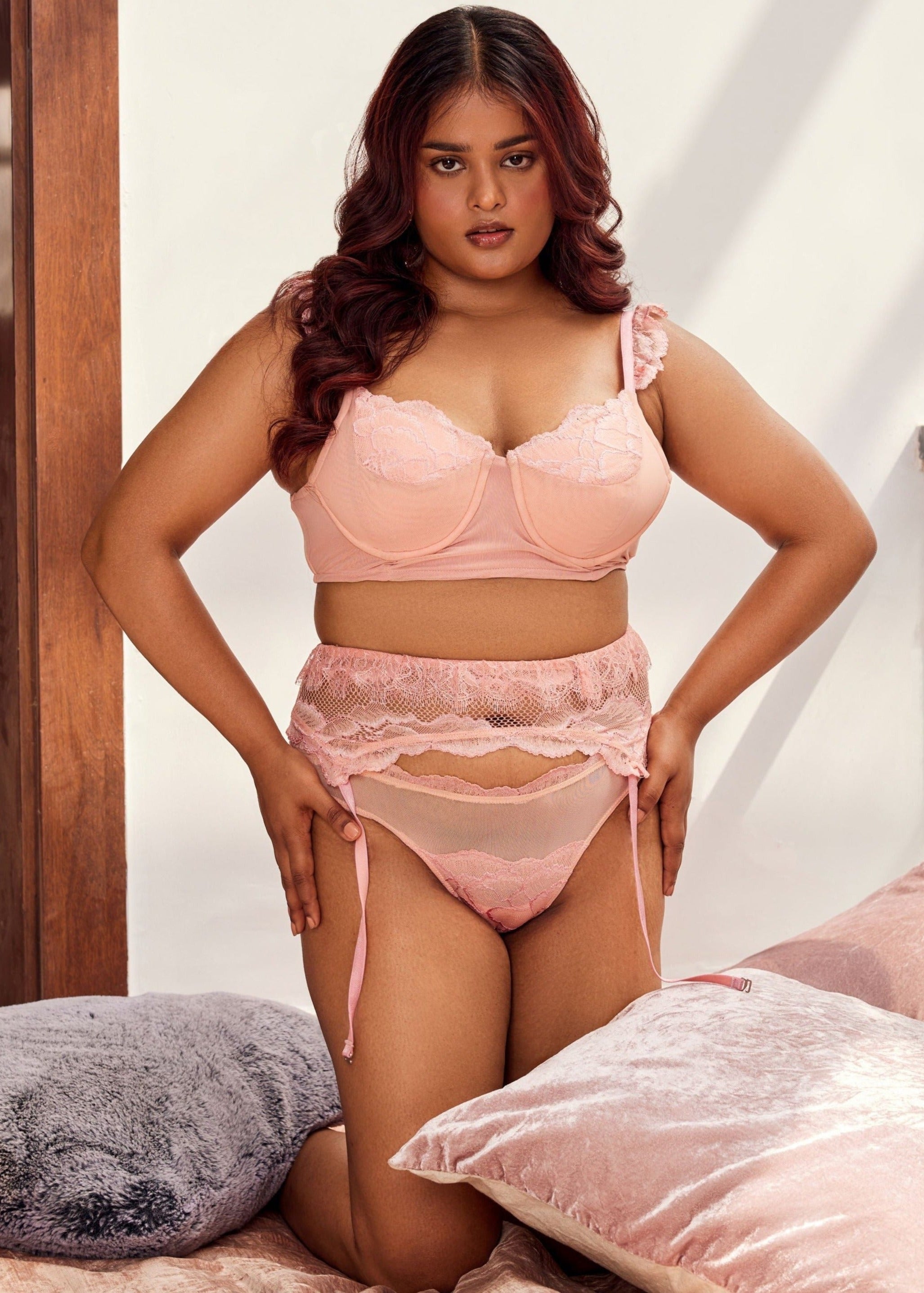 "Evelyn Baby Pink Lace Garter and Briefs with Delicate Detailing."