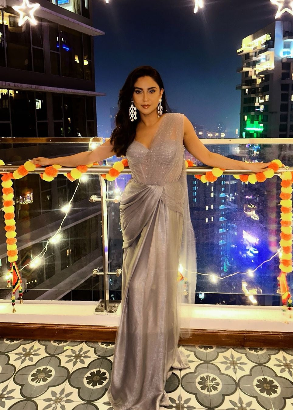 Faizah Grey Rhinestone Mesh One- Piece Saree Set