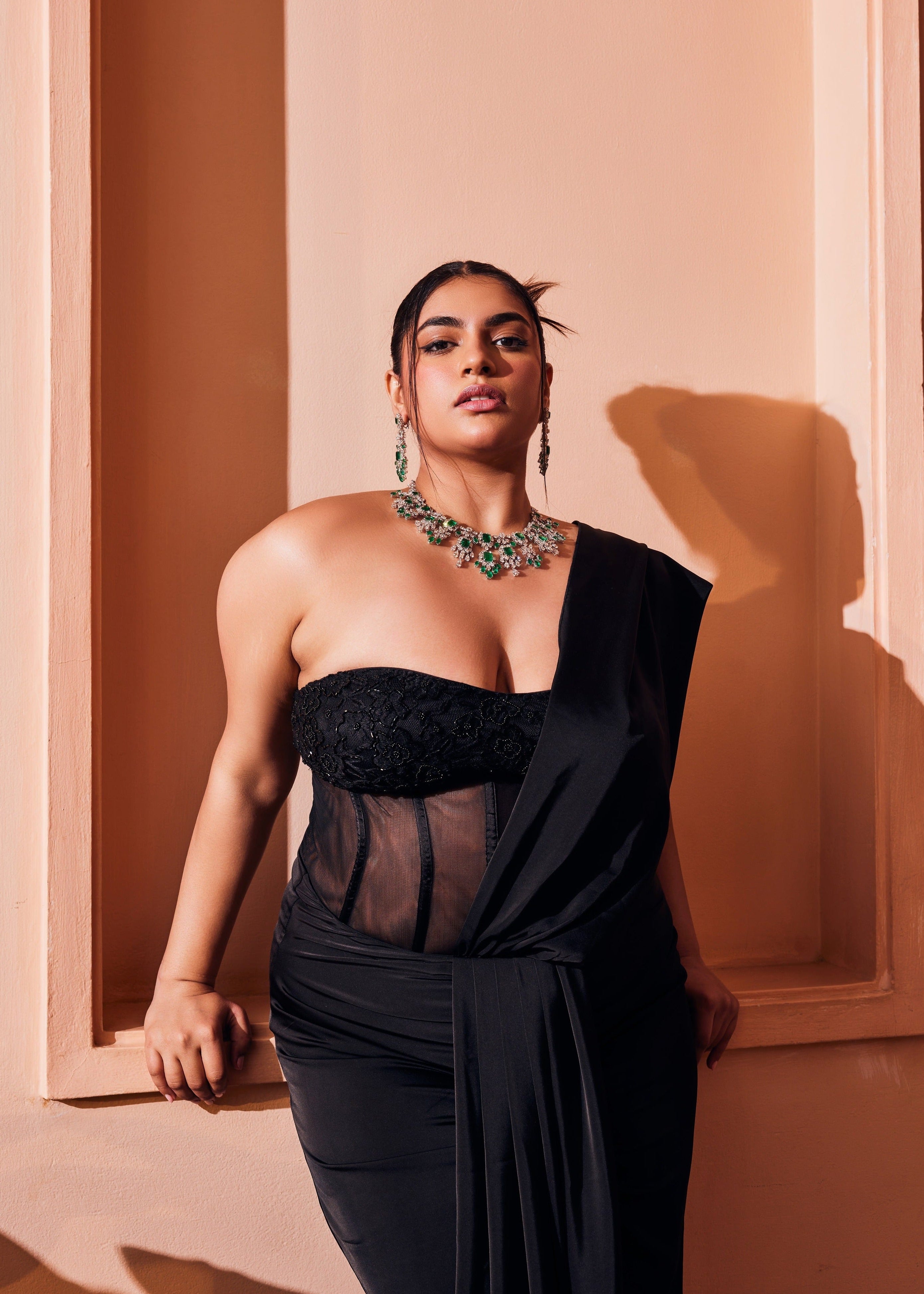 Fida Black Corset Blouse and Saree Set combining a chic black corset blouse with a coordinating saree