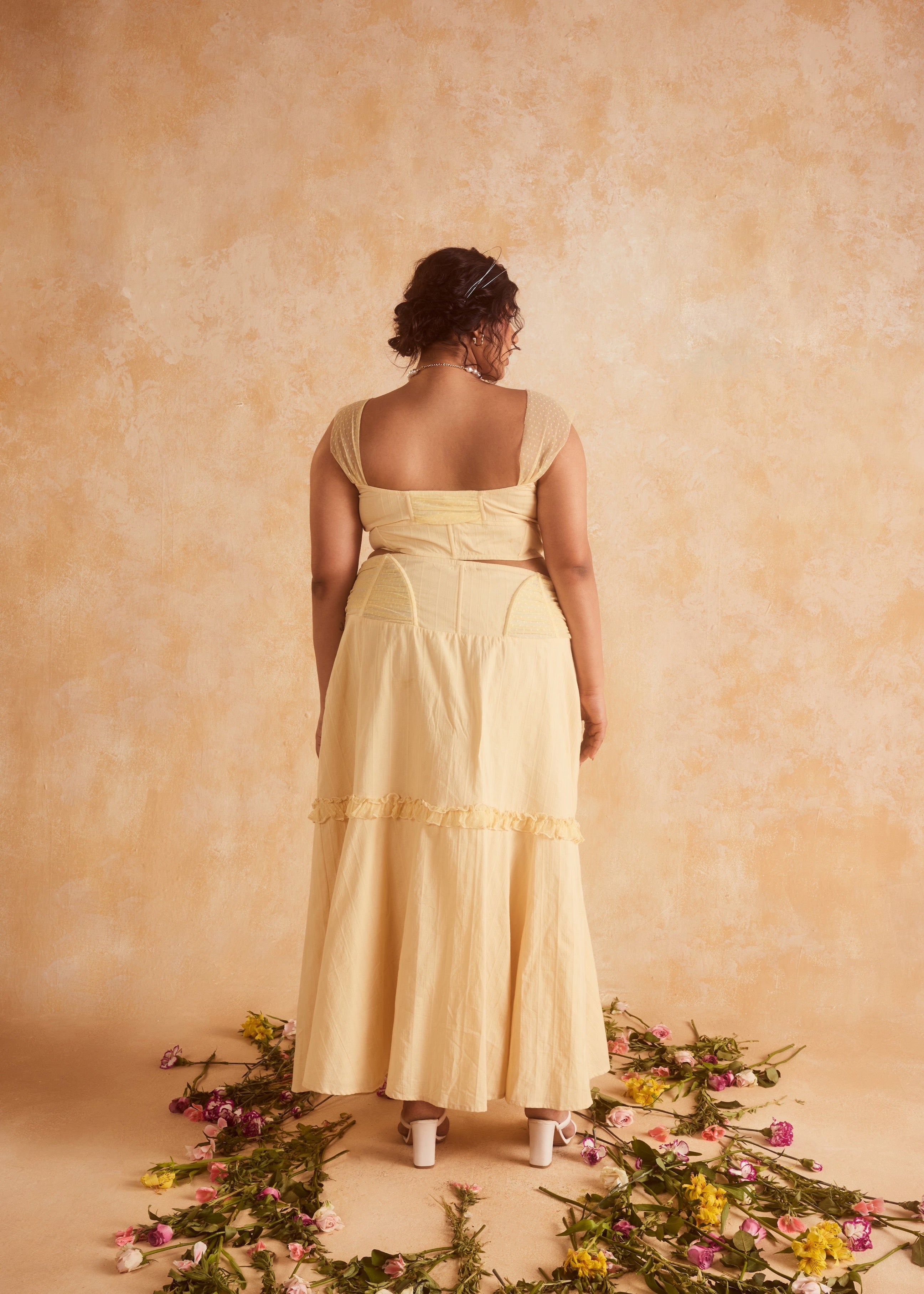 Finola Yellow Corset Top & Skirt featuring a coordinated set with a structured top and matching skirt