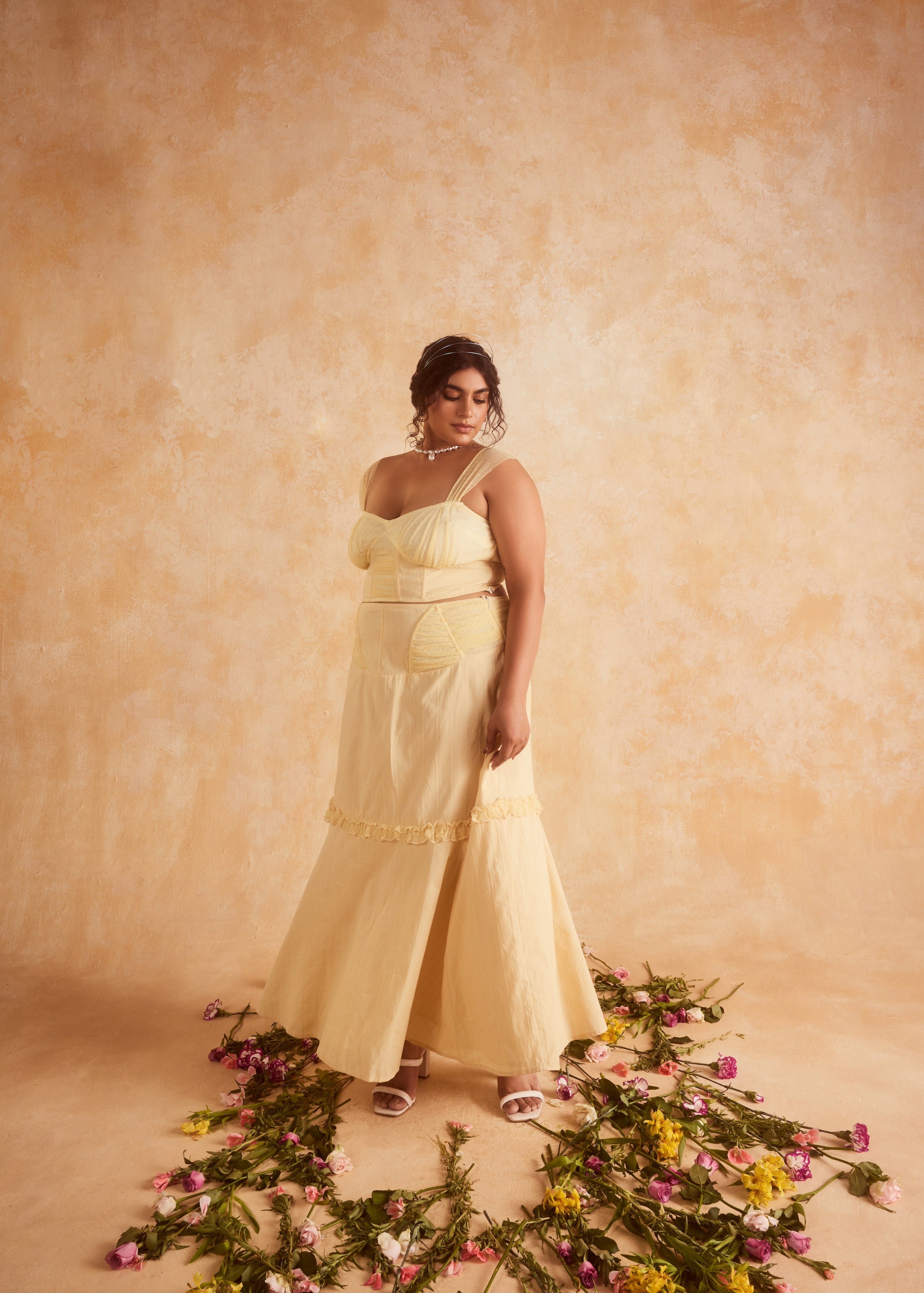 Finola Yellow Corset Top & Skirt featuring a coordinated set with a structured top and matching skirt
