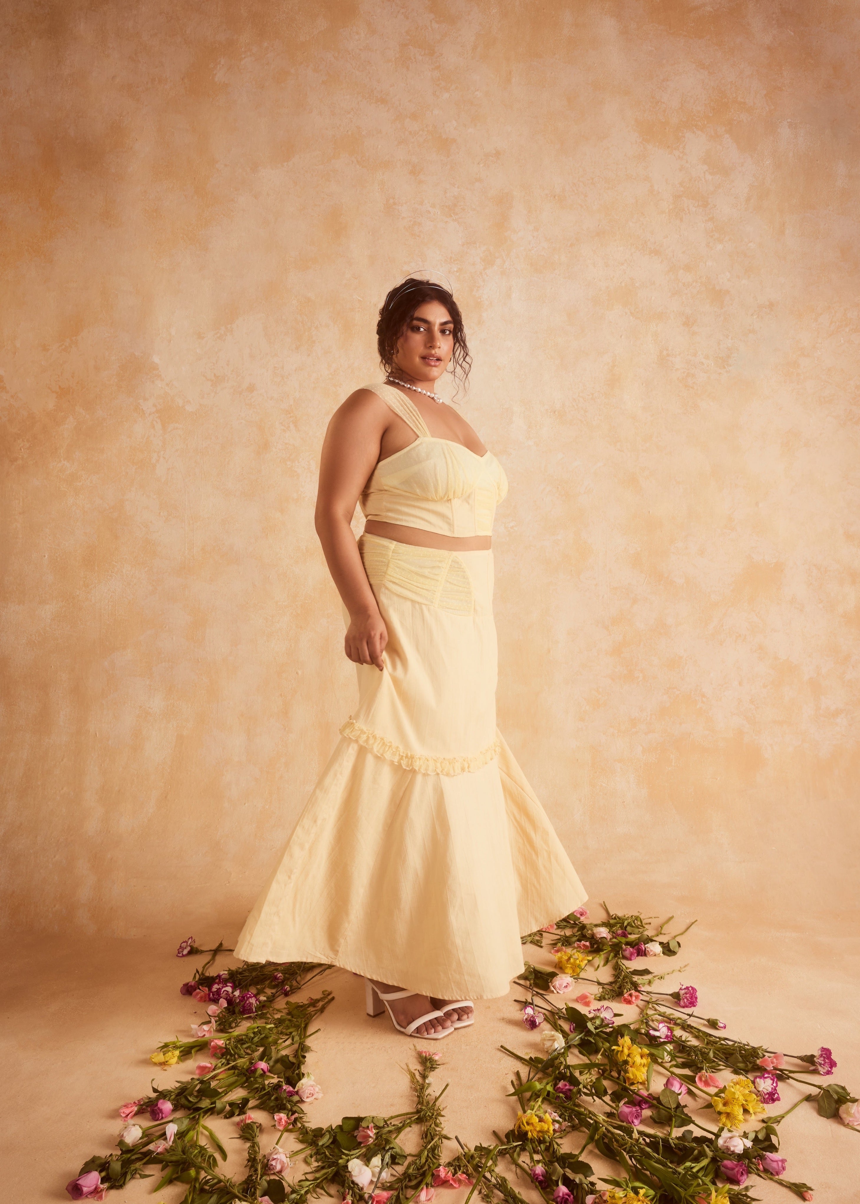 Finola Yellow Corset Top & Skirt featuring a coordinated set with a structured top and matching skirt