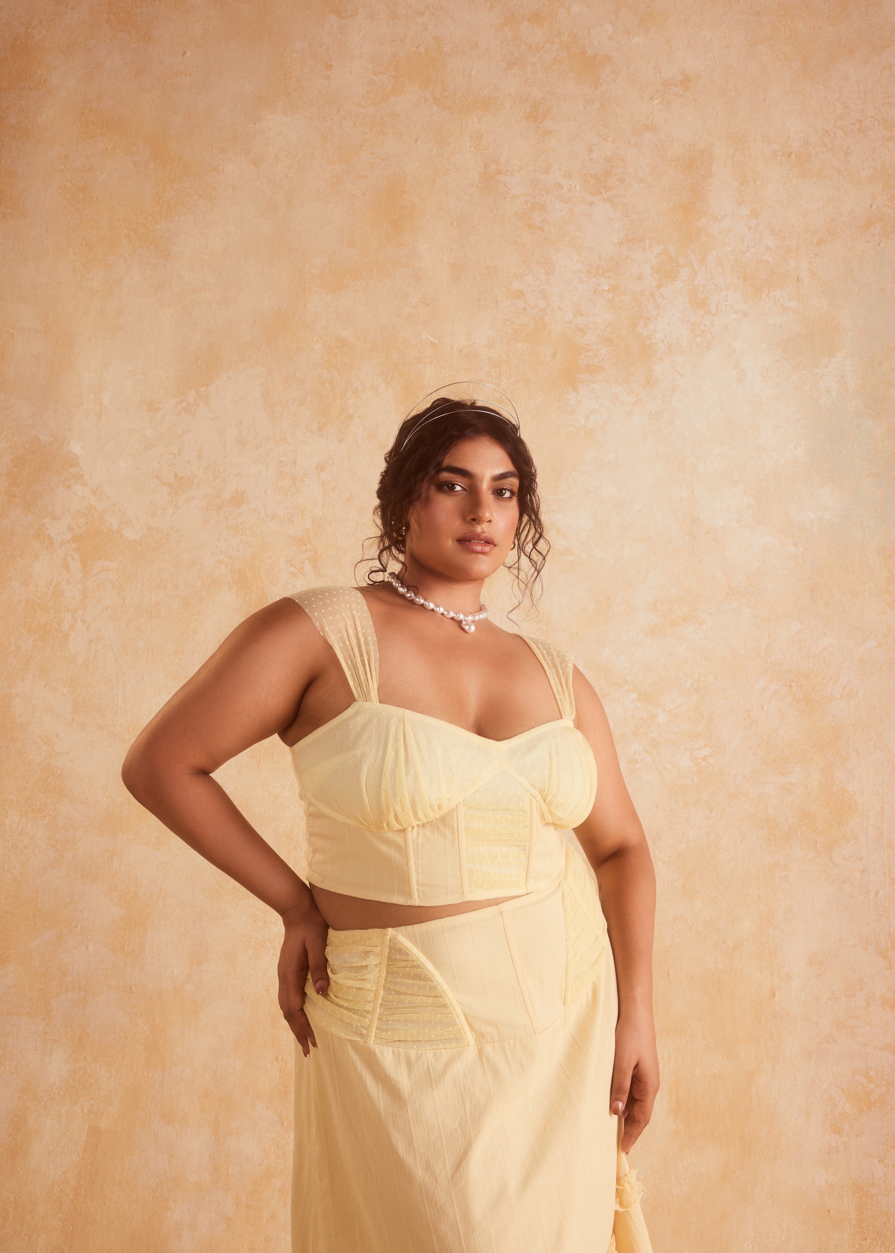 Finola Yellow Corset Top & Skirt featuring a coordinated set with a structured top and matching skirt