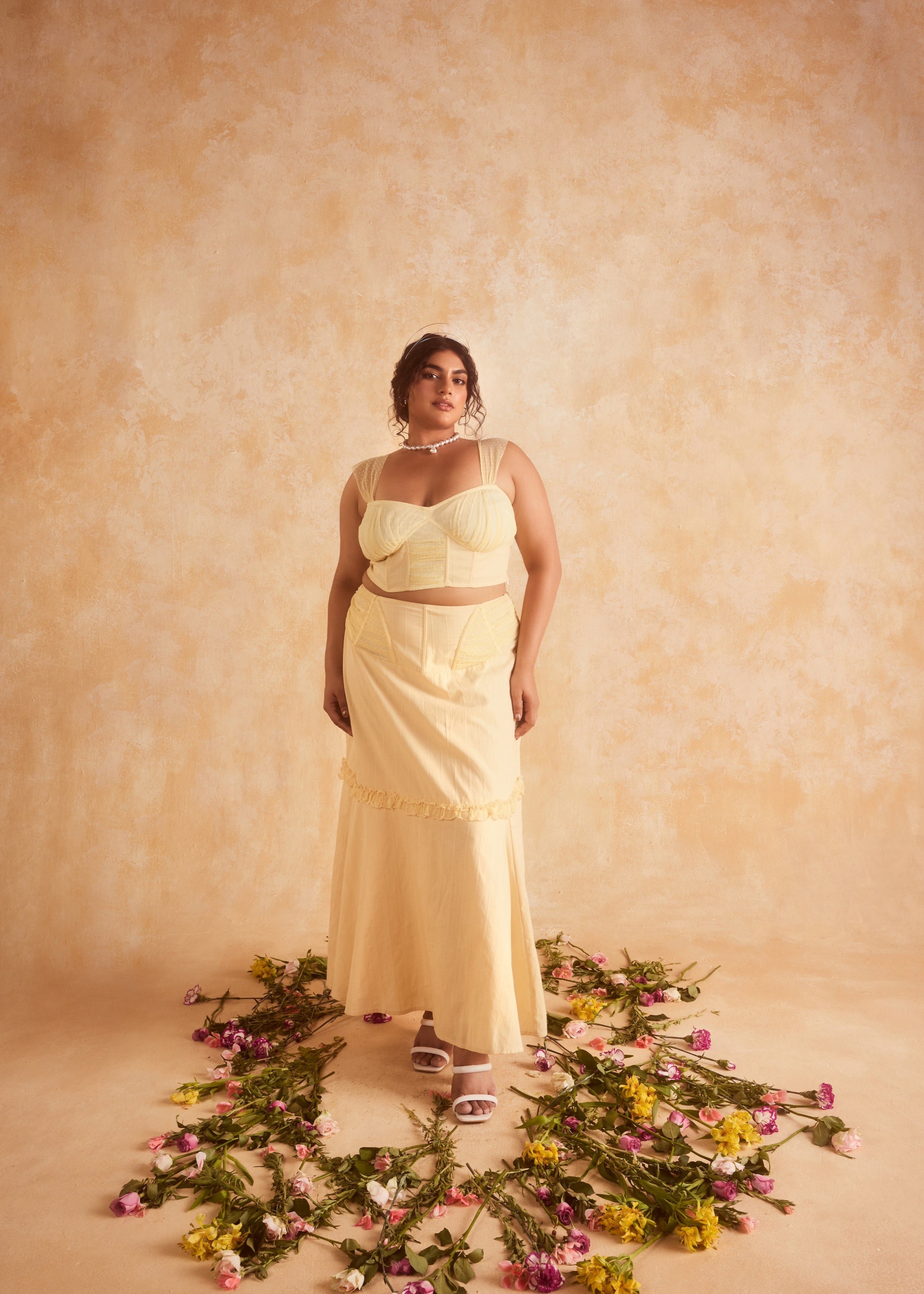 Finola Yellow Corset Top & Skirt featuring a coordinated set with a structured top and matching skirt
