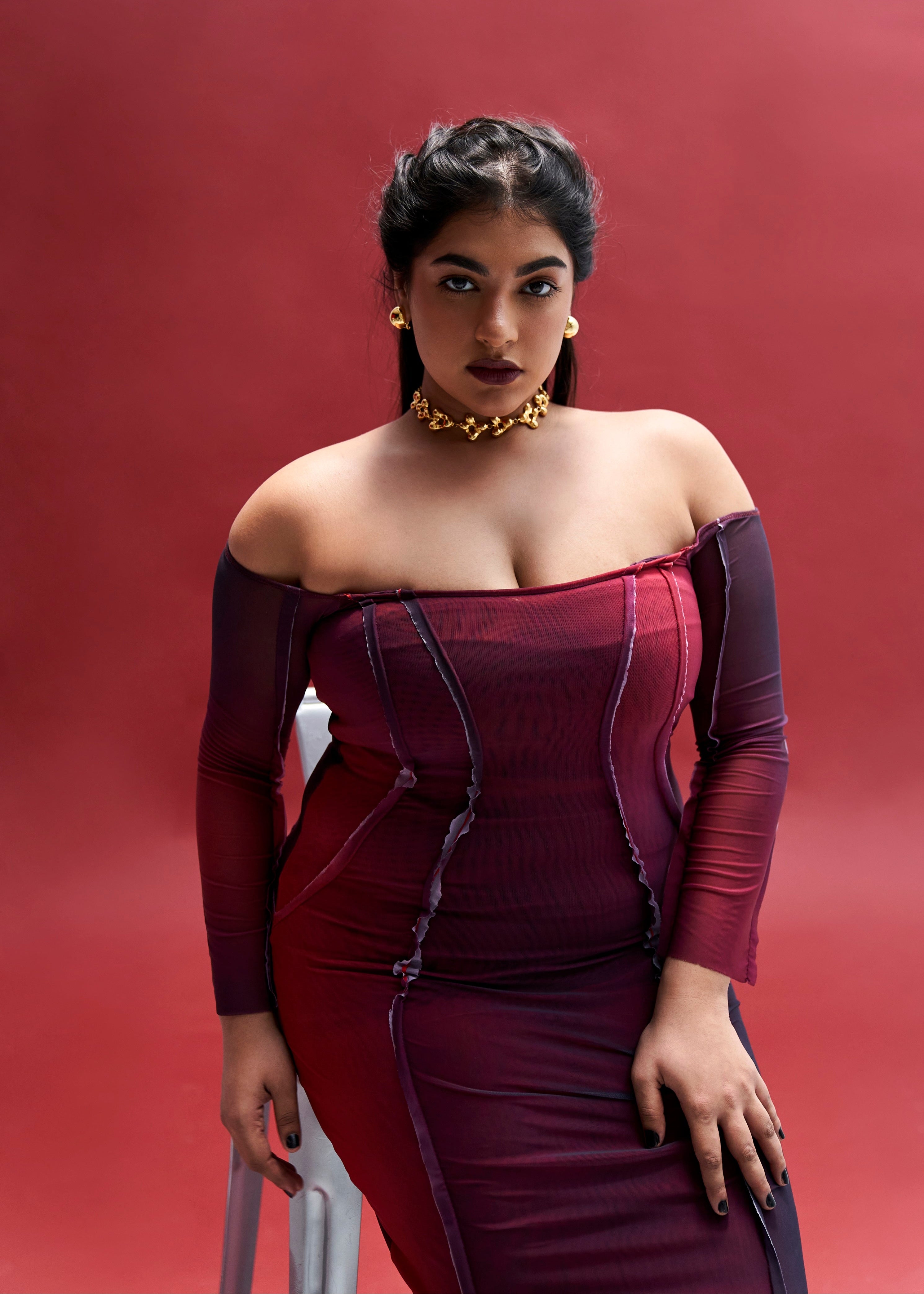 Fiorella Ombre Power Mesh Off Shoulder Distressed Maxi Dress with a gradient ombre effect and edgy distressed details