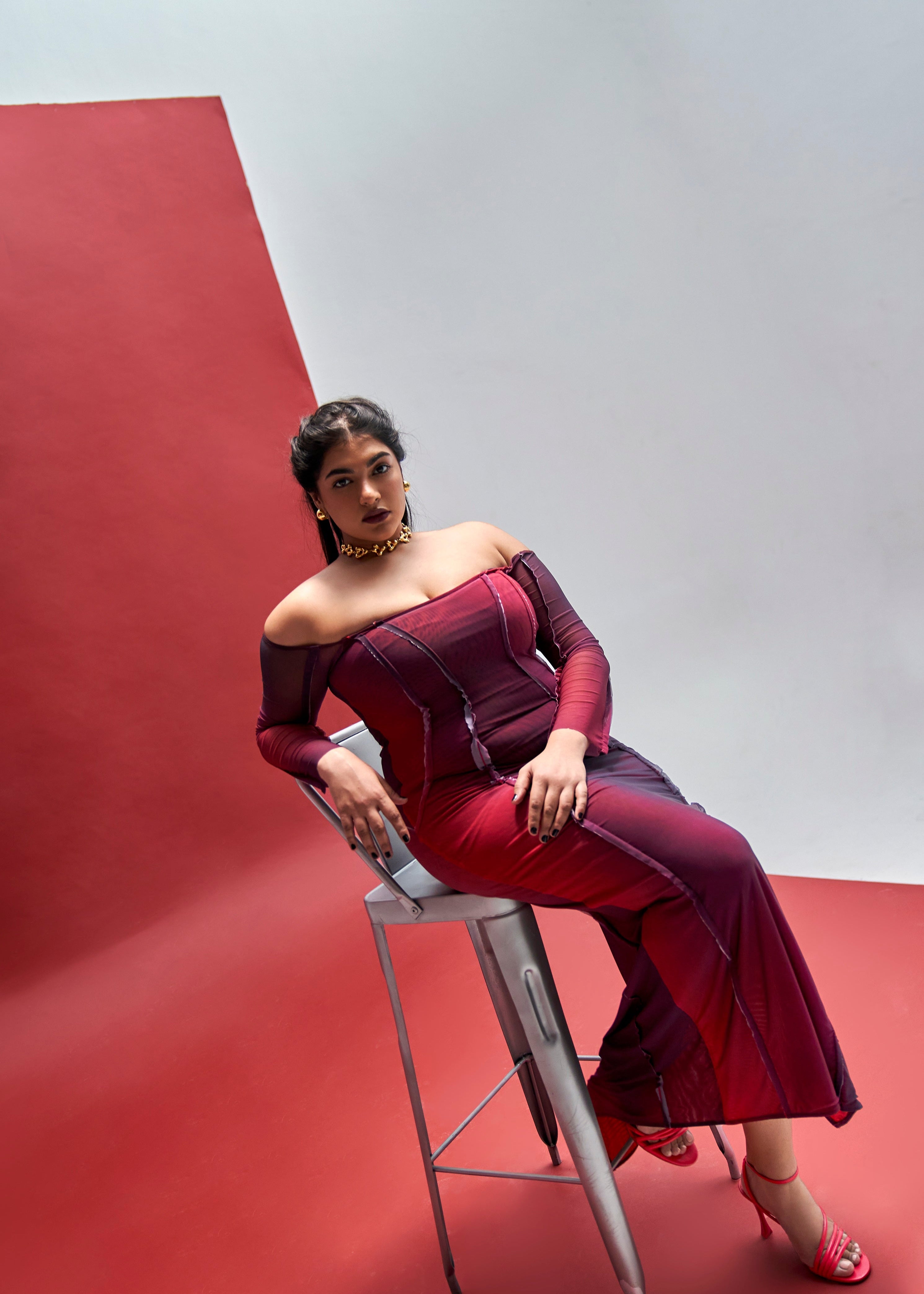 Fiorella Ombre Power Mesh Off Shoulder Distressed Maxi Dress with a gradient ombre effect and edgy distressed details