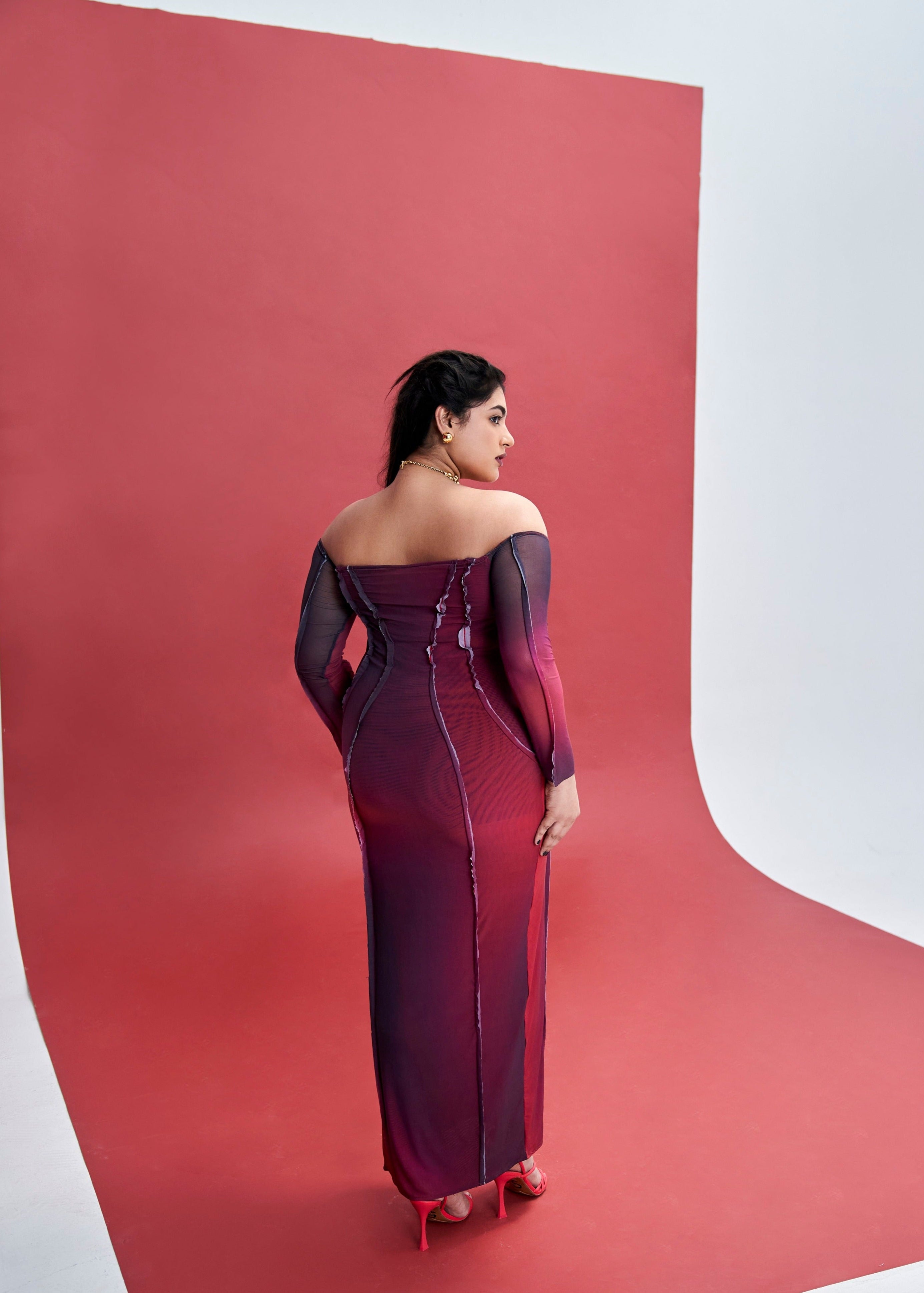 Fiorella Ombre Power Mesh Off Shoulder Distressed Maxi Dress with a gradient ombre effect and edgy distressed details