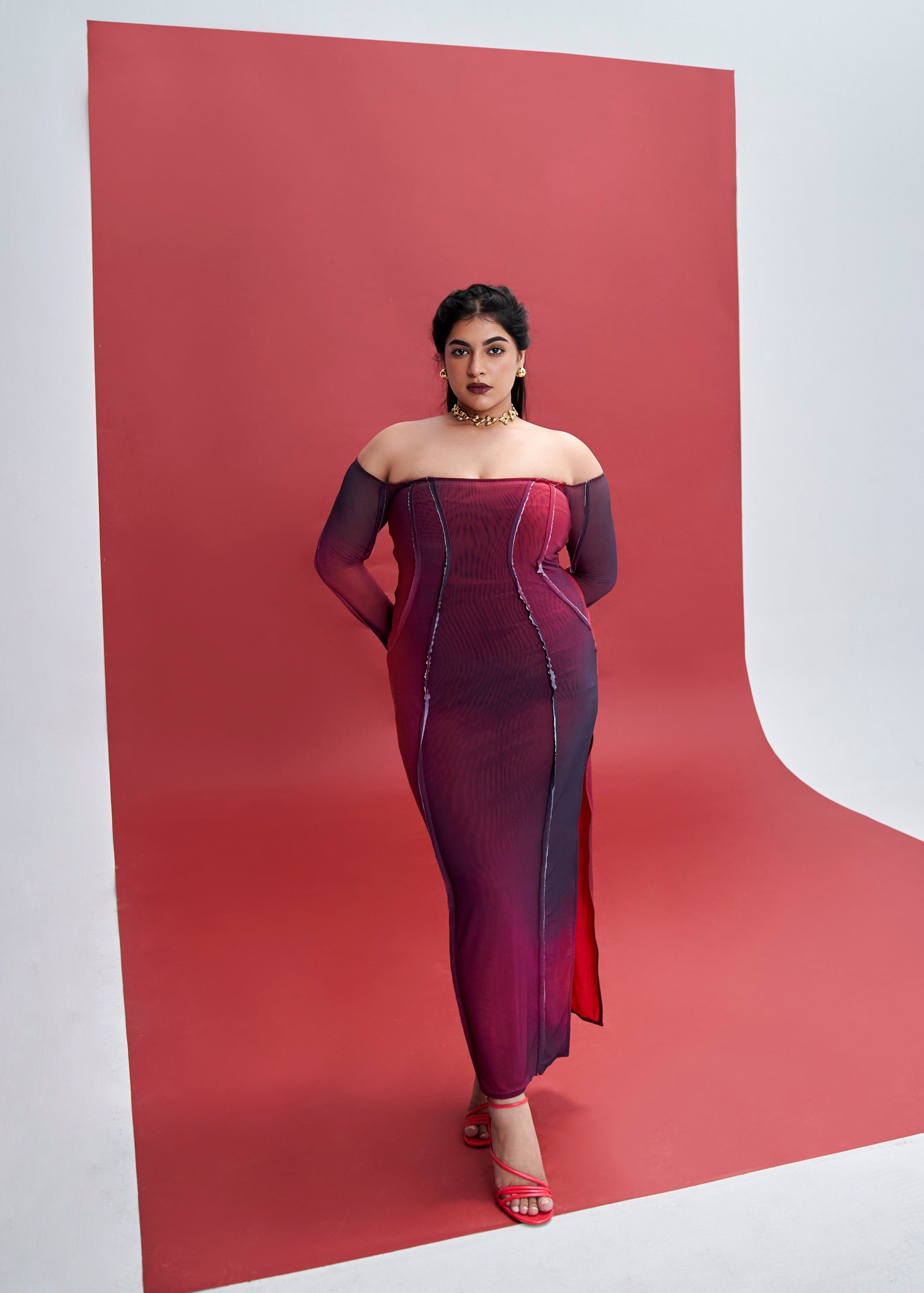 Fiorella Ombre Power Mesh Off Shoulder Distressed Maxi Dress with a gradient ombre effect and edgy distressed details