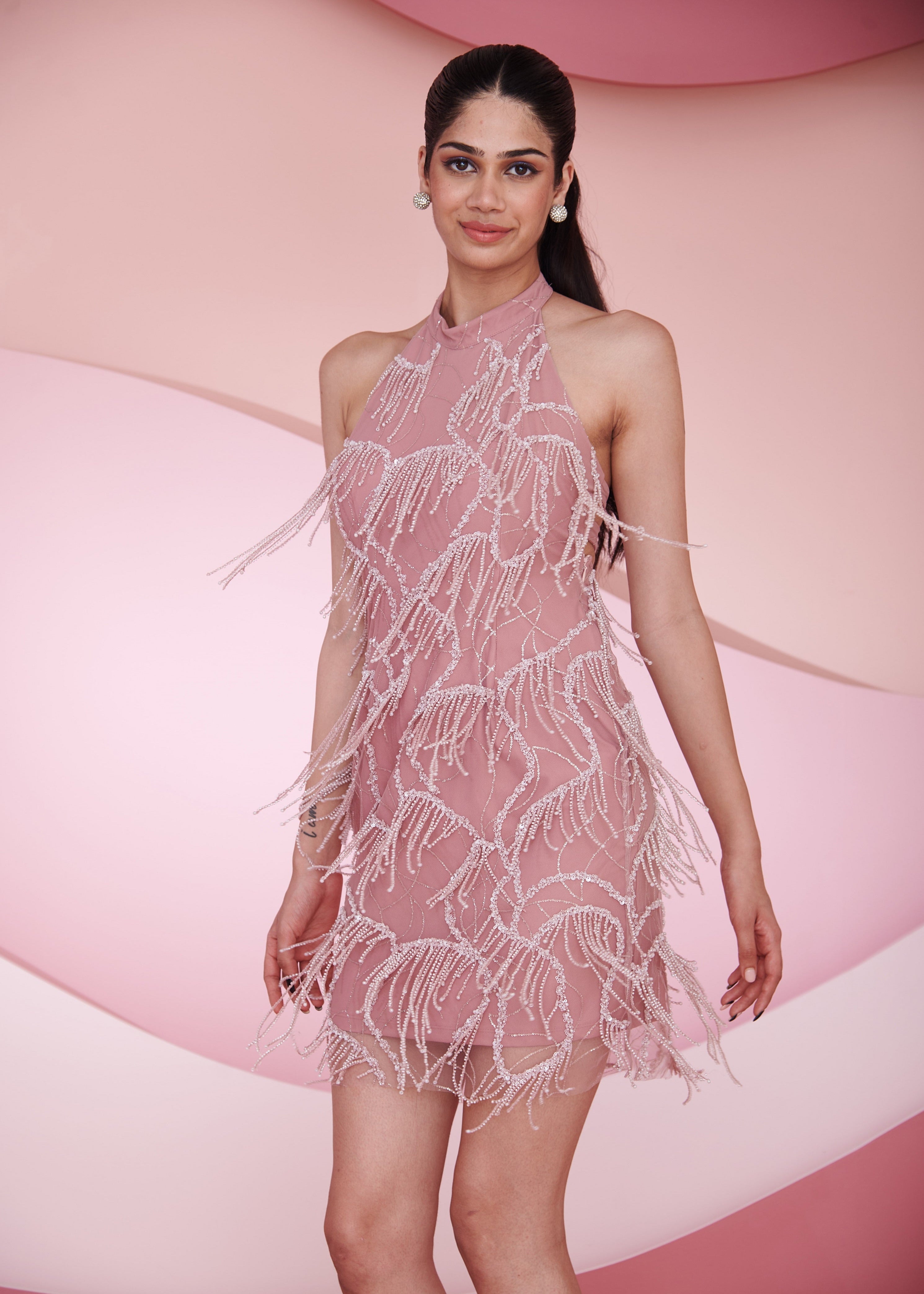 Florence mauve pink halter neck embroidered mini dress featuring elegant embroidery and a stylish halter neck design, perfect for sophisticated occasions.