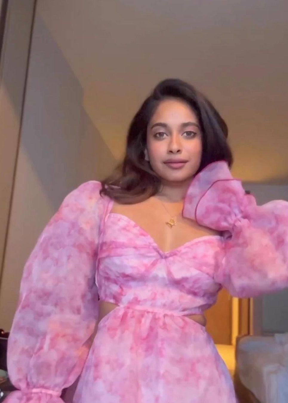 Franchesca Pink Floral Watercolor Organza Dress with delicate floral prints on airy, lightweight fabric