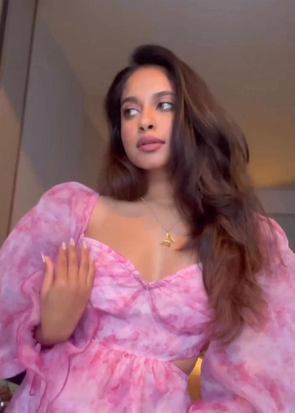 Franchesca Pink Floral Watercolor Organza Dress with delicate floral prints on airy, lightweight fabric