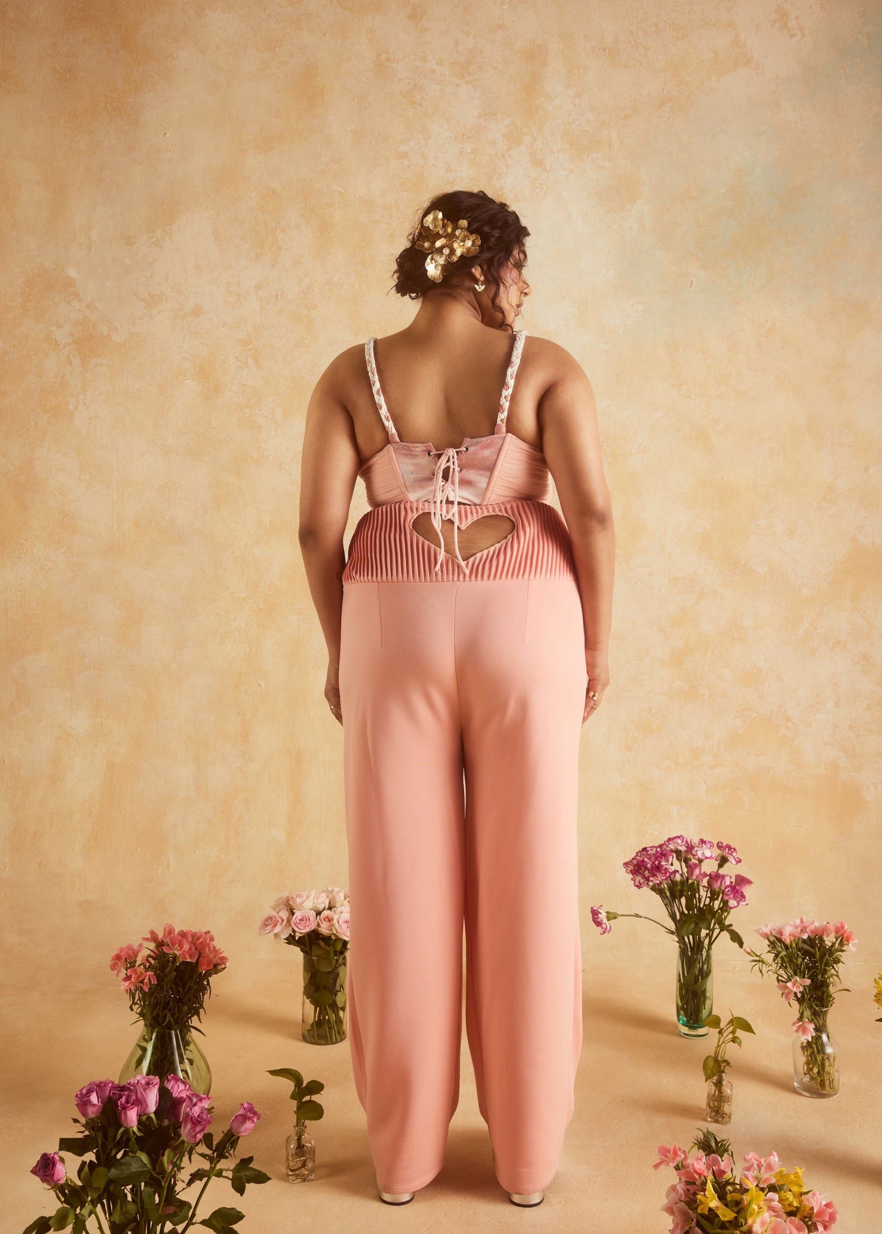 Galina Pink Vintage Print Corset Top & Heart-Cutout Pants, showcasing a whimsical vintage-inspired design with romantic details.