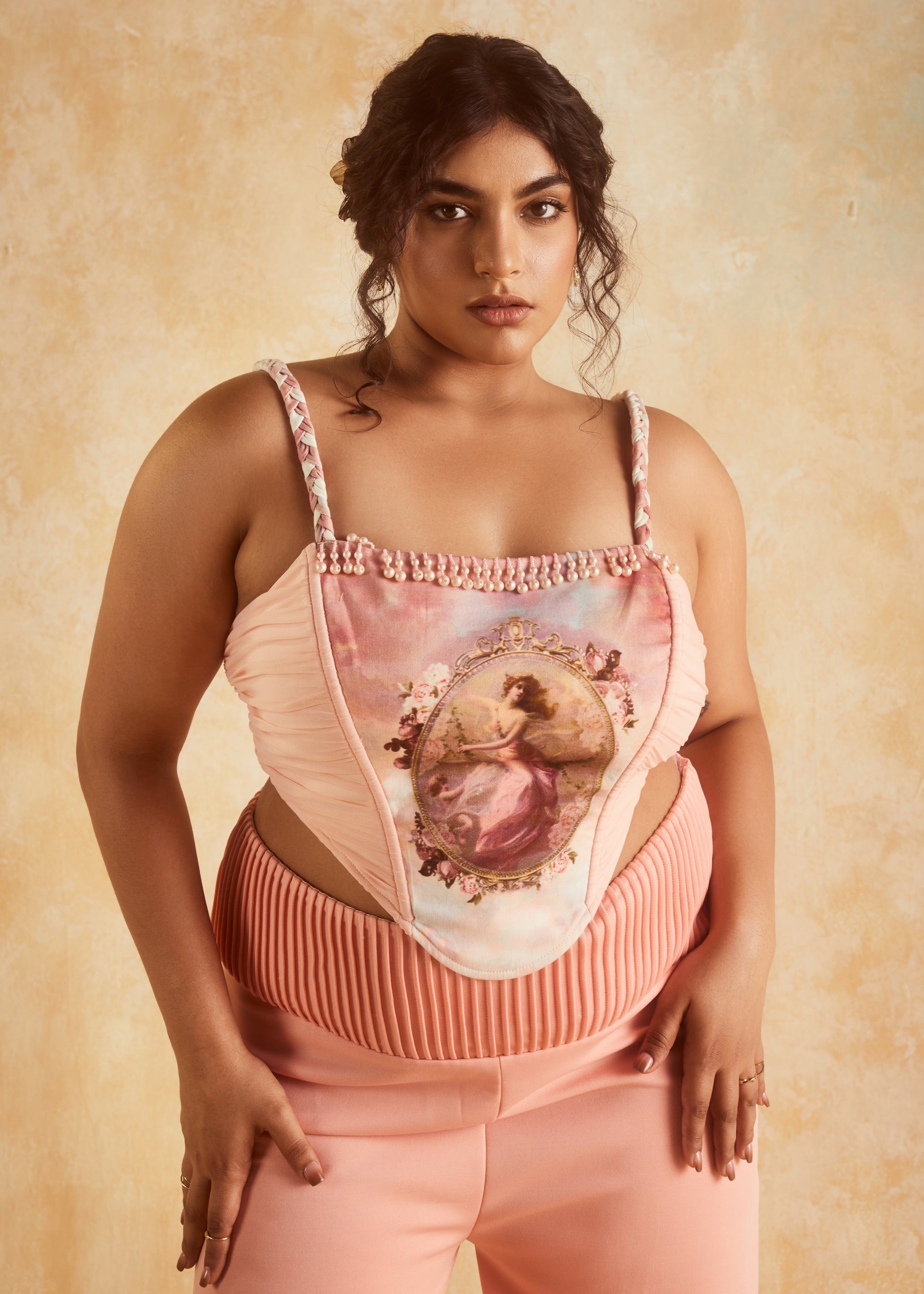 Galina Pink Vintage Print Corset Top & Heart-Cutout Pants, showcasing a whimsical vintage-inspired design with romantic details.