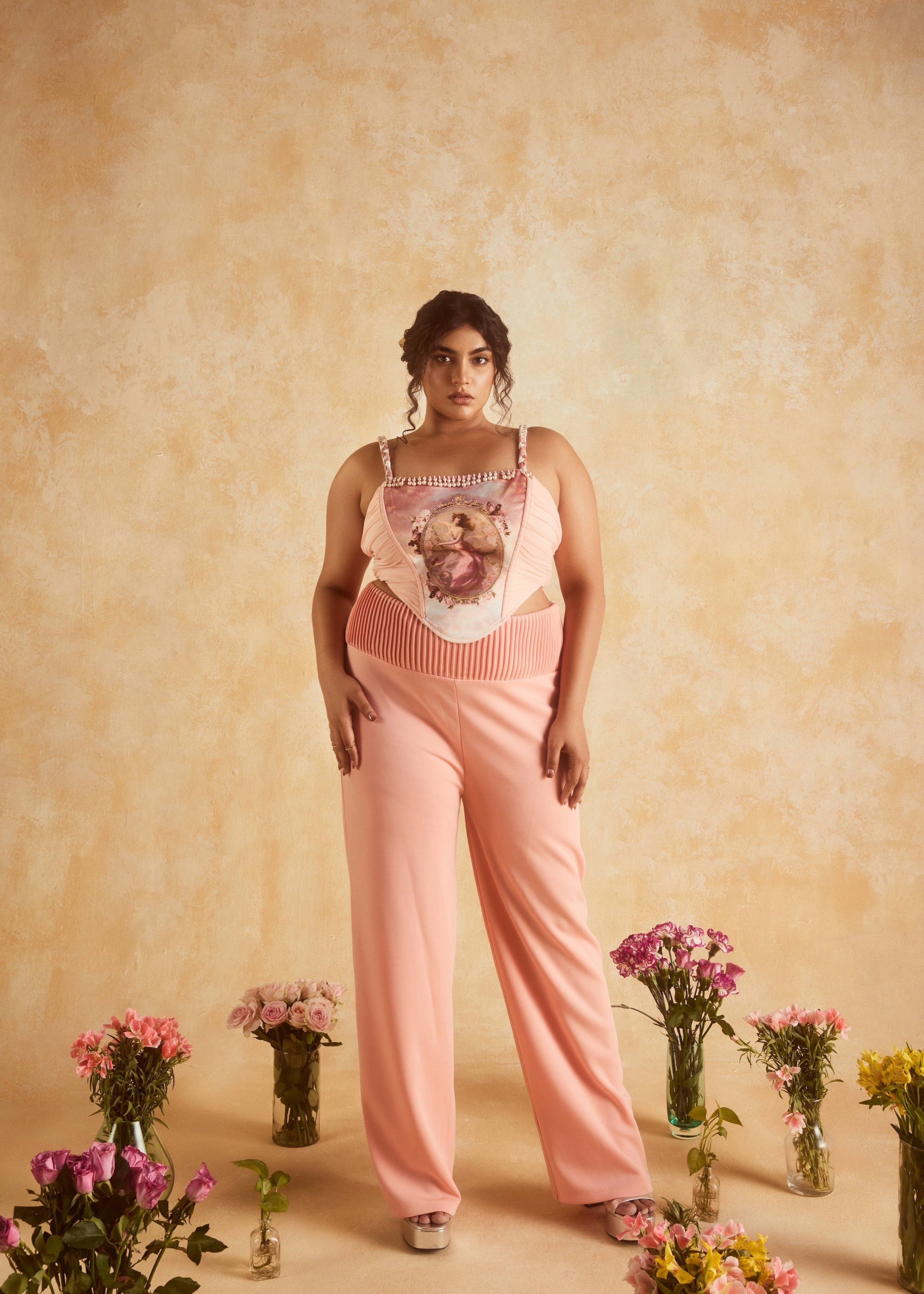 Galina Pink Vintage Print Corset Top & Heart-Cutout Pants, showcasing a whimsical vintage-inspired design with romantic details.