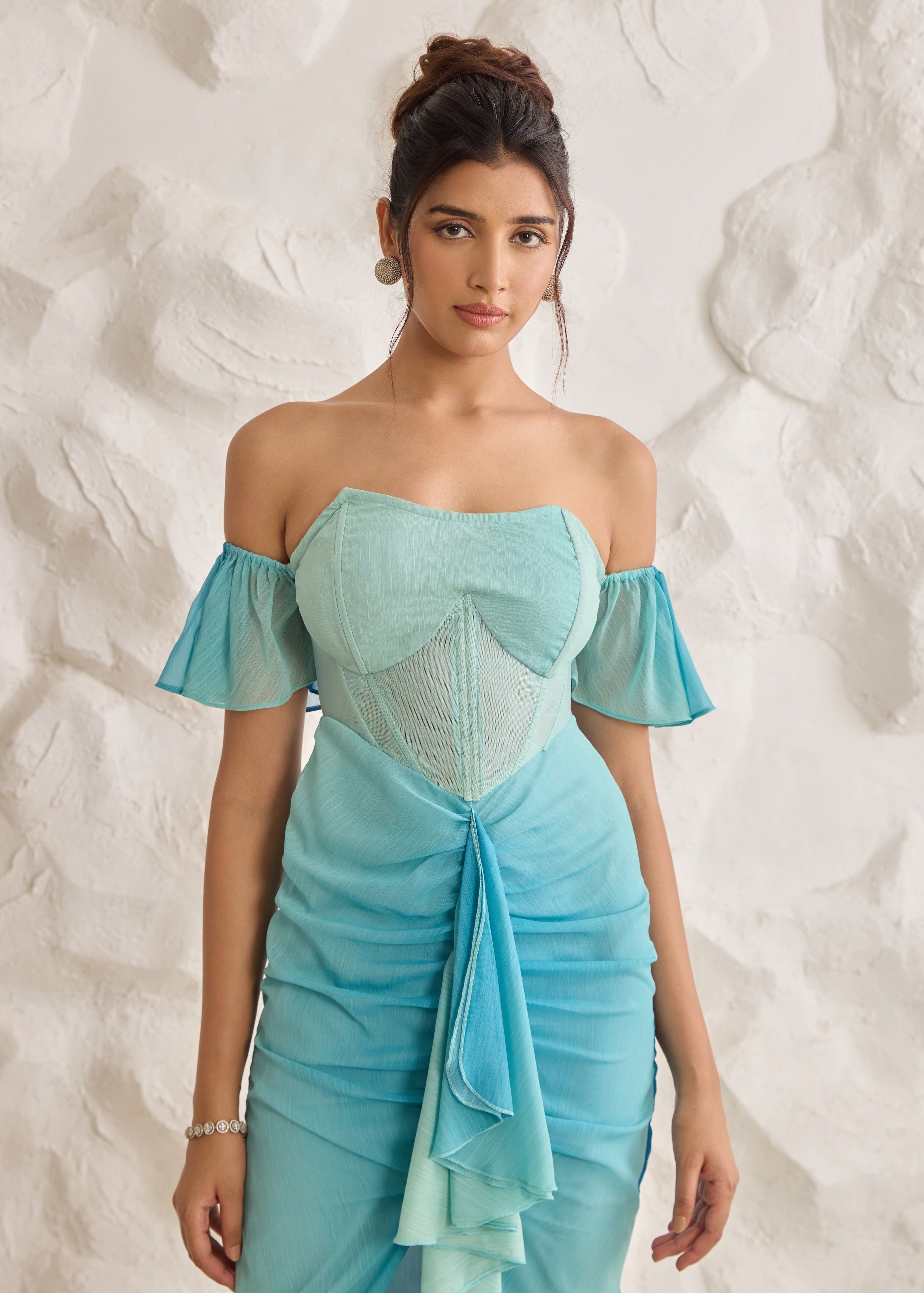Greta Blue Ombre Chiffon Corset Dress featuring a gradient design and elegant, flowing chiffon fabric