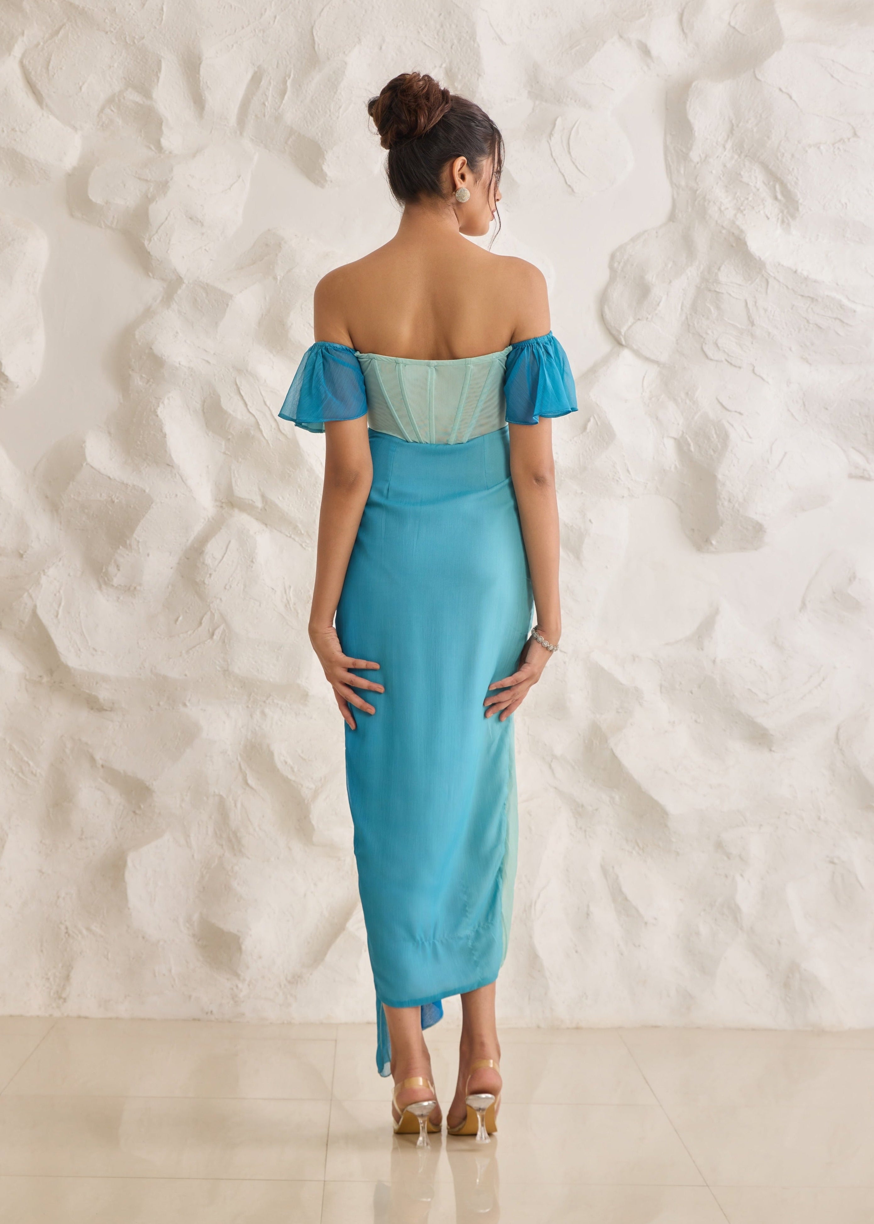 Greta Blue Ombre Chiffon Corset Dress featuring a gradient design and elegant, flowing chiffon fabric