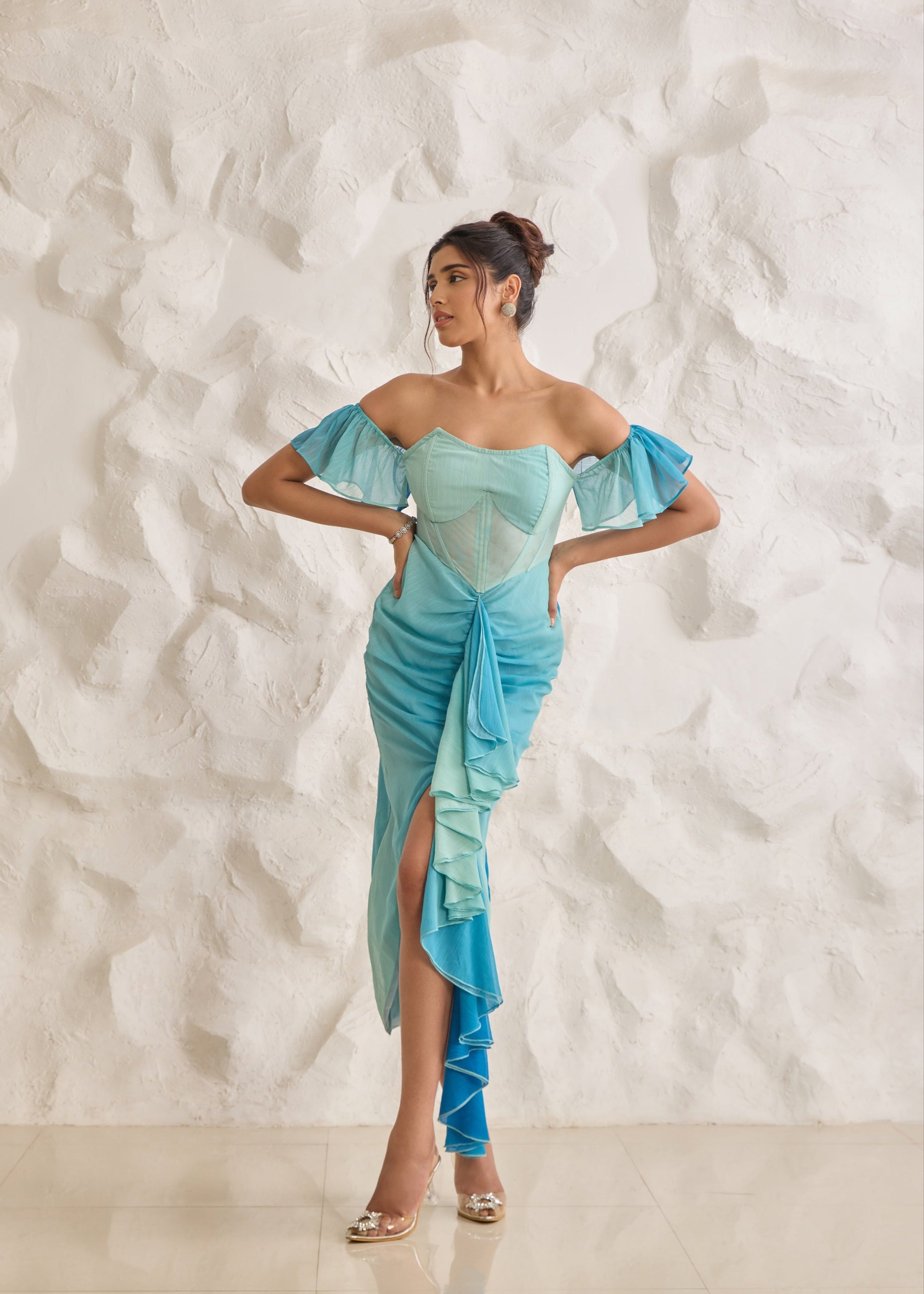 Greta Blue Ombre Chiffon Corset Dress featuring a gradient design and elegant, flowing chiffon fabric