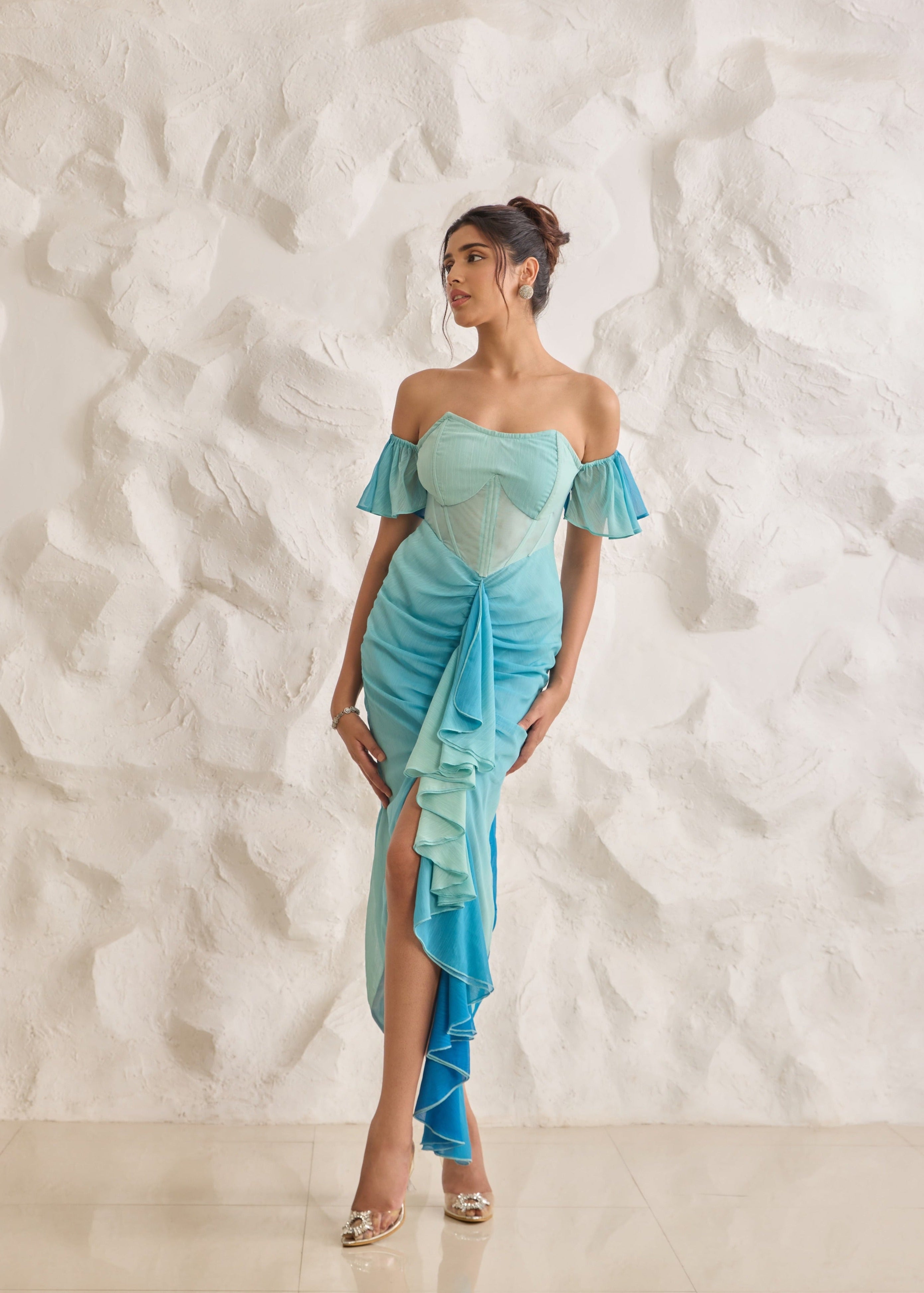 Greta Blue Ombre Chiffon Corset Dress featuring a gradient design and elegant, flowing chiffon fabric