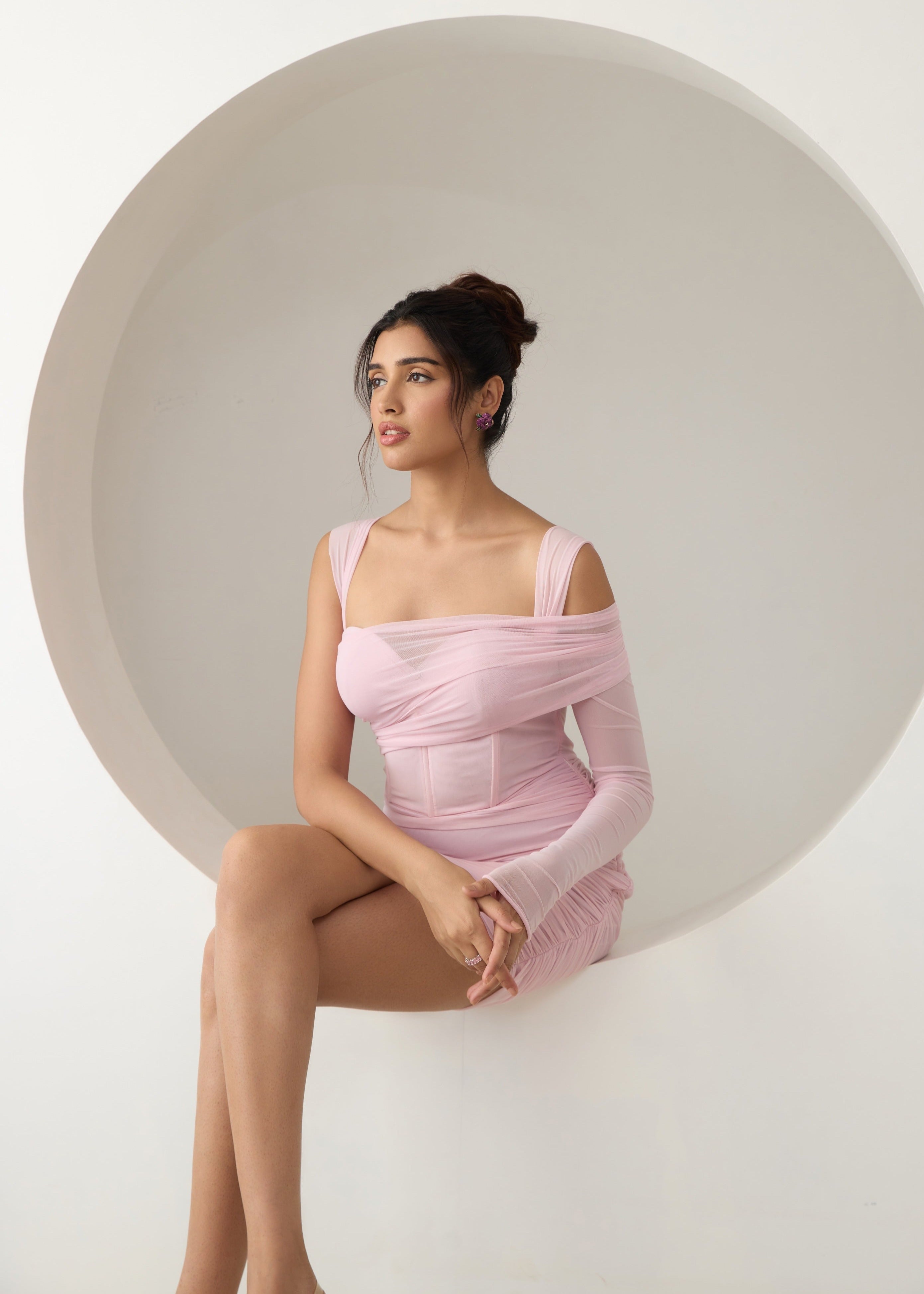 Gretchen Lavender Ruched Mesh Corset Dress with delicate ruching and a form-fitting mesh overlay