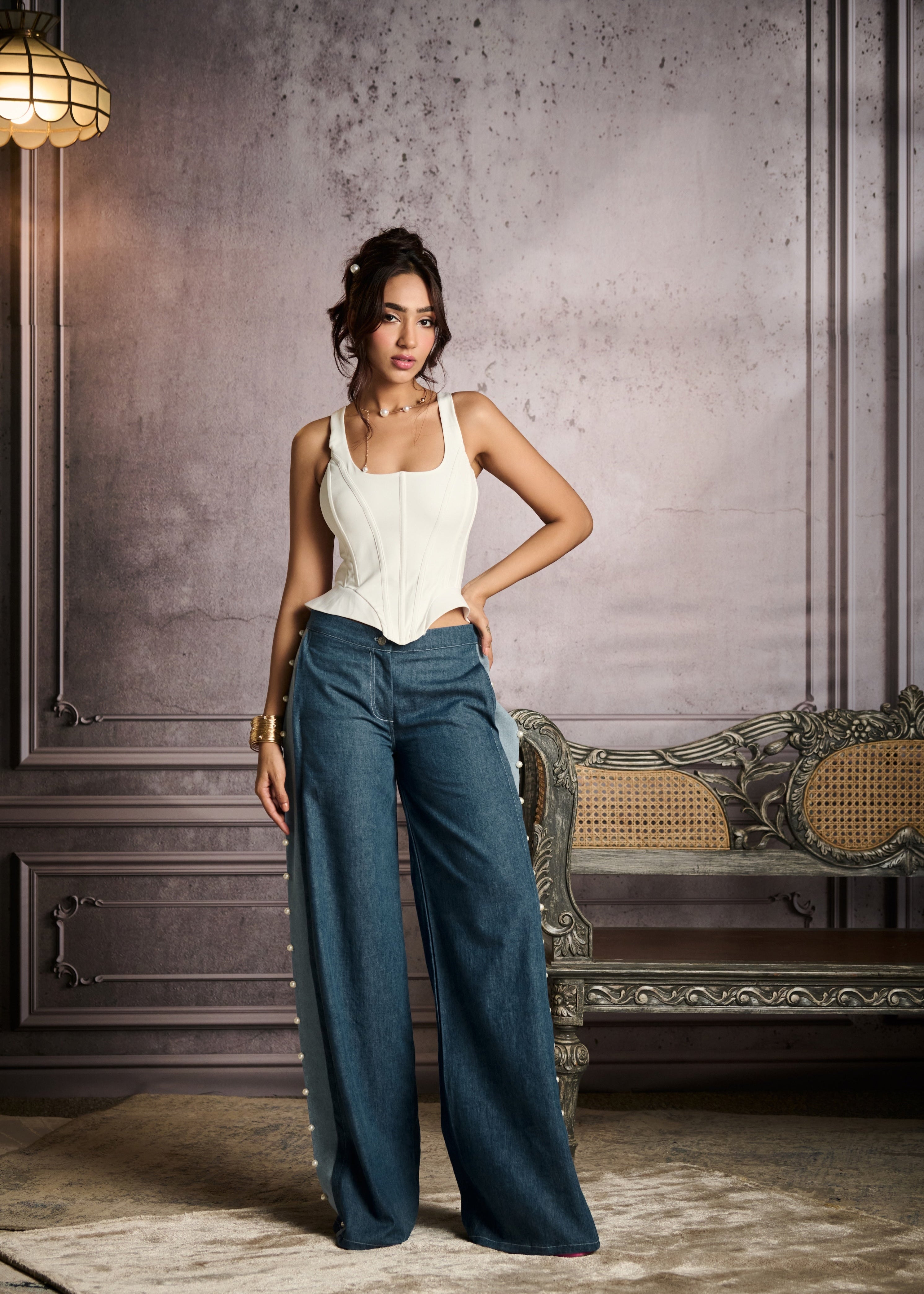 Hela Dual Tone Pearl Embroidered Low-Rise Jeans