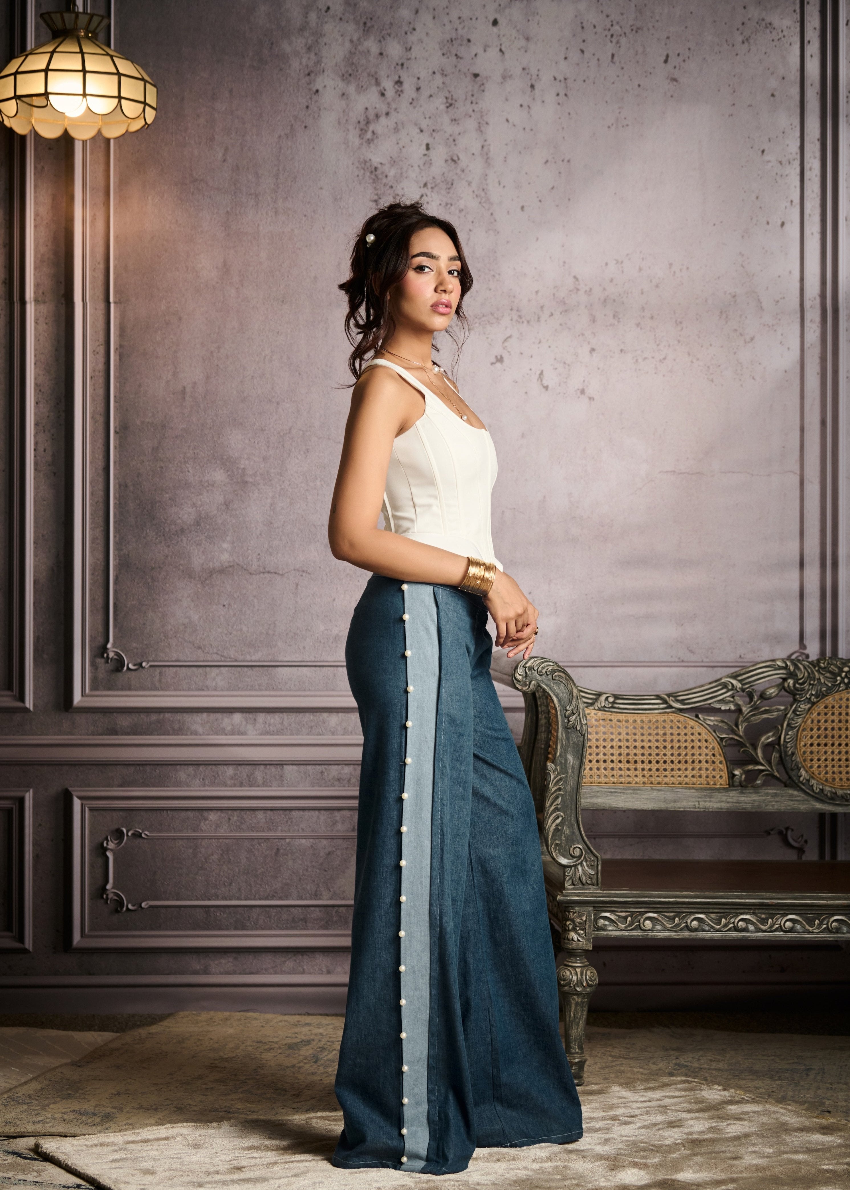 Hela Dual Tone Pearl Embroidered Low-Rise Jeans