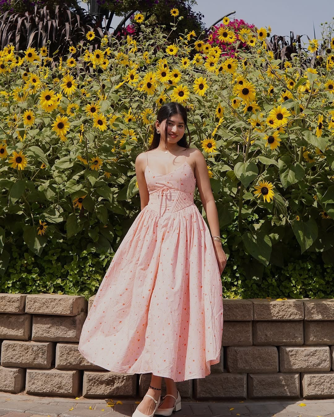 Brynlee Baby Pink Floral Printed Corset Midi Dress