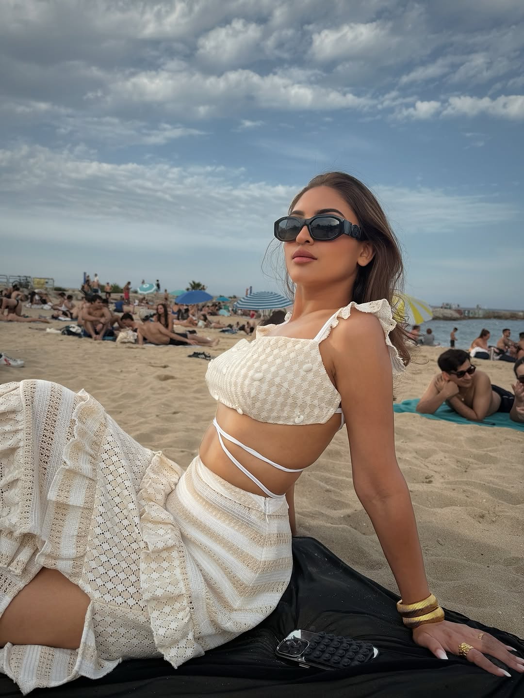 Irina Beige Crotchet Side-Slit Skirt