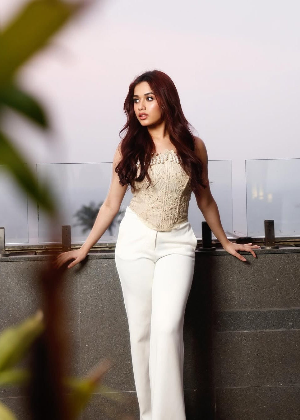 Iveta Khaki Pearl Embellished Strapless Corset Top