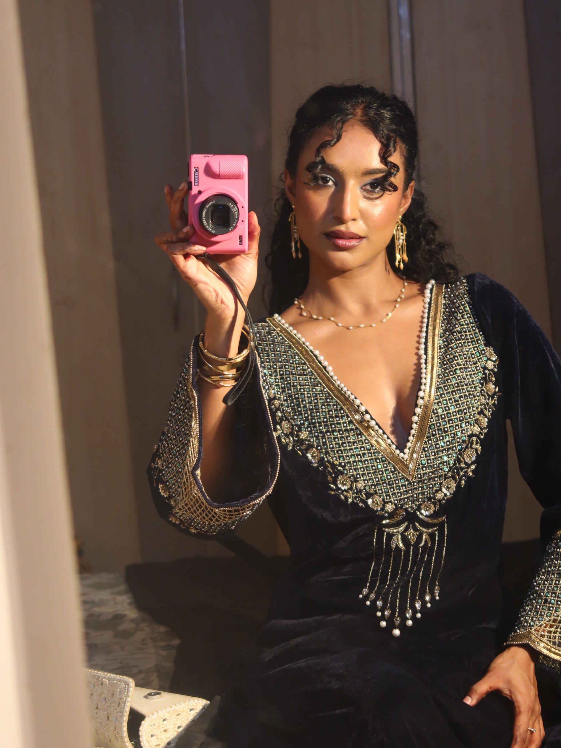 Nayla Hand-Embroidered Velvet Kaftan Set