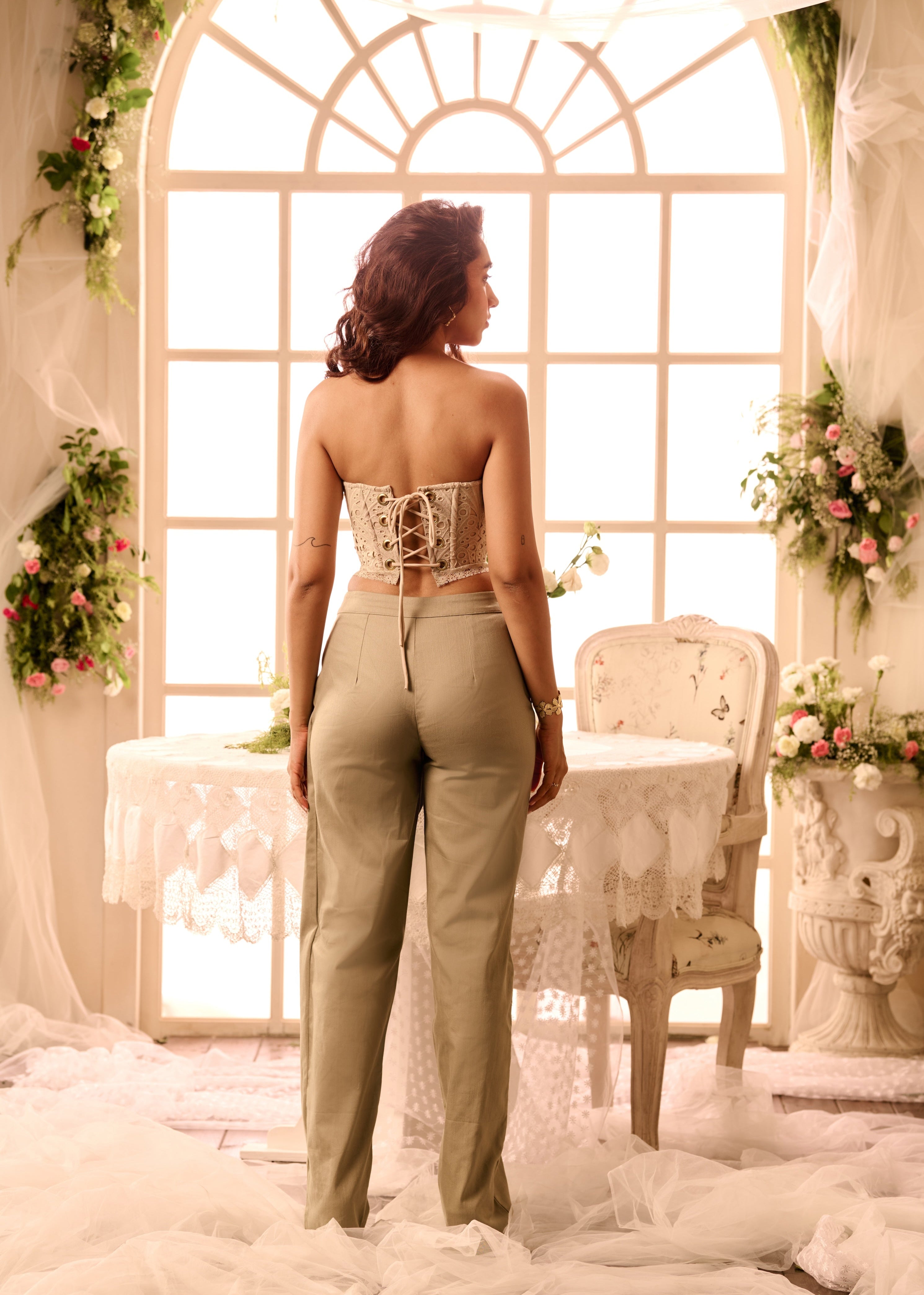 Iveta Khaki Pearl Embellished Corset and Pants Coord Set featuring a chic corset top adorned with pearl details and matching high-waisted pants for a sophisticated, polished ensemble