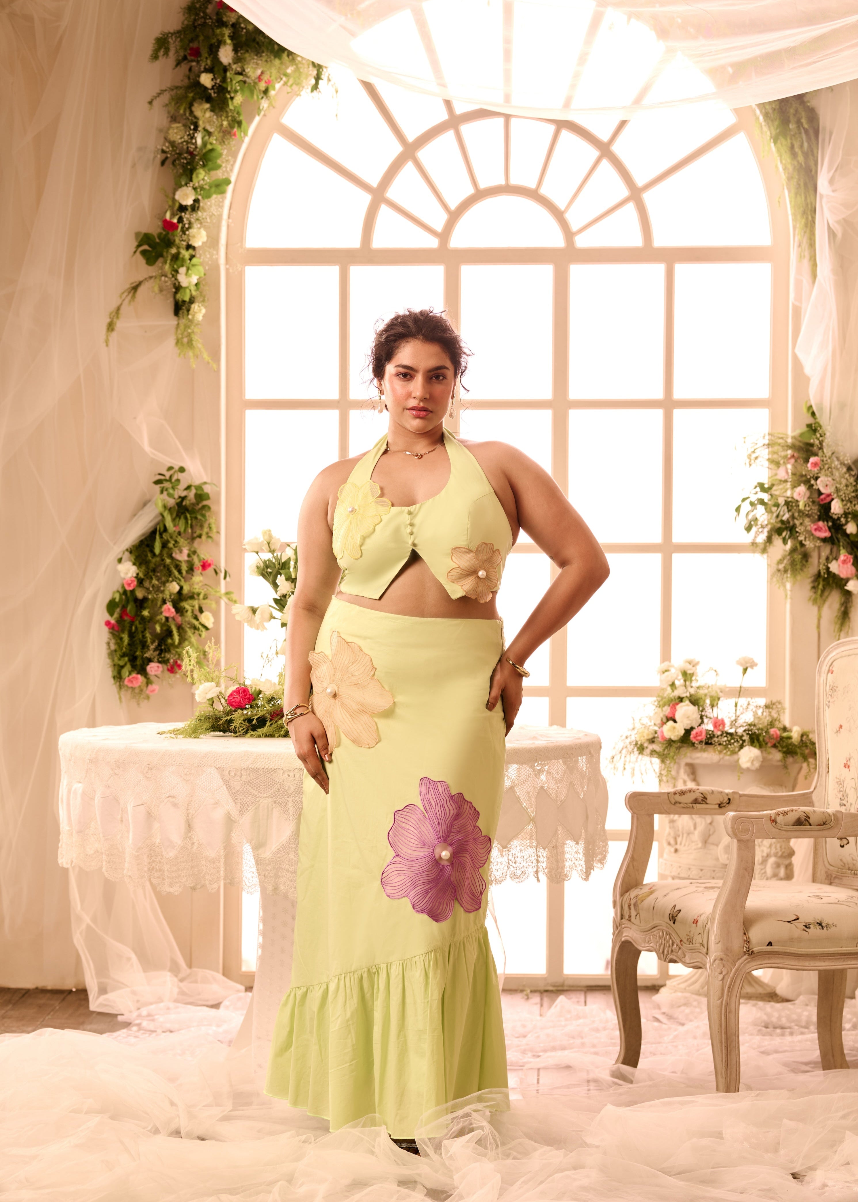 Iveta Khaki Pearl Embellished Corset and Pants Coord Set featuring a chic corset top adorned with pearl details and matching high-waisted pants for a sophisticated, polished ensemble