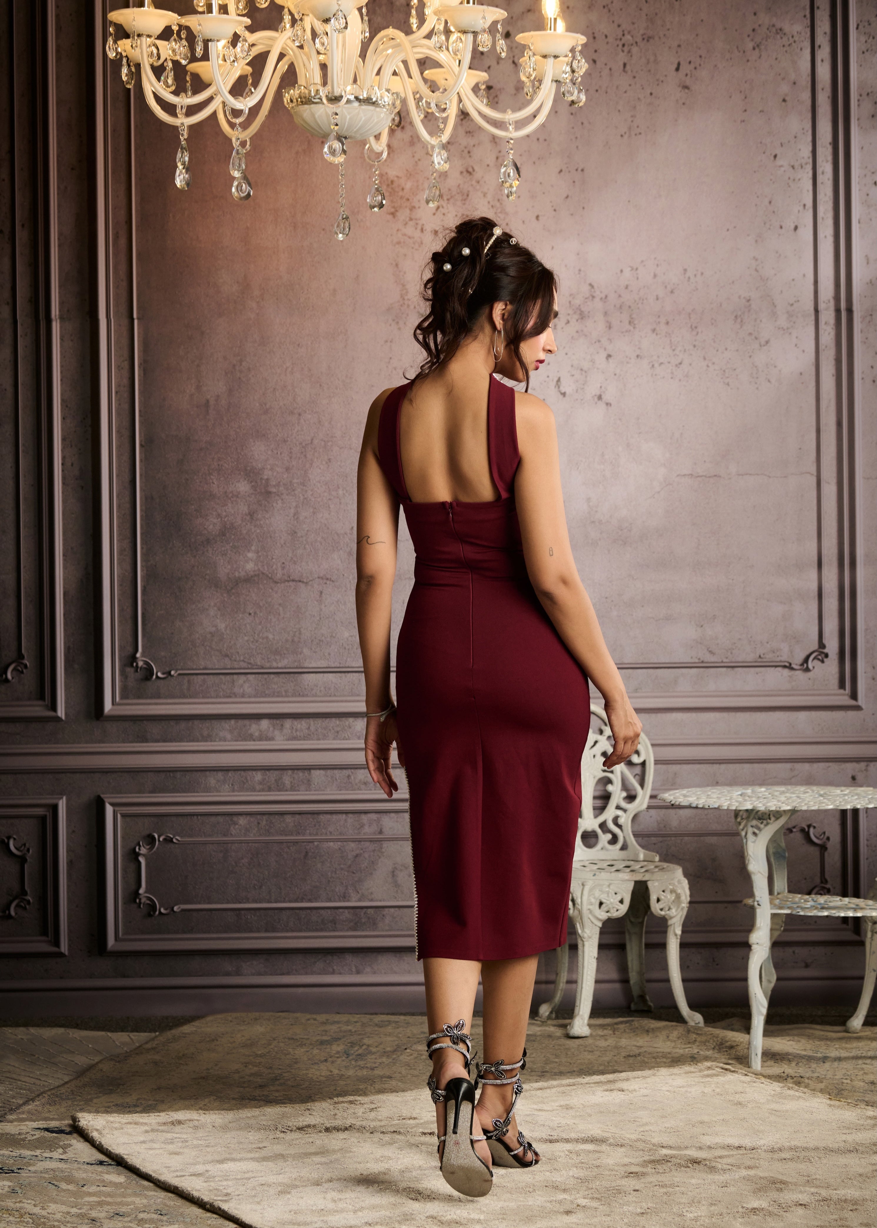 Janice Burgundy Embellished Mock Neck Midi Dress