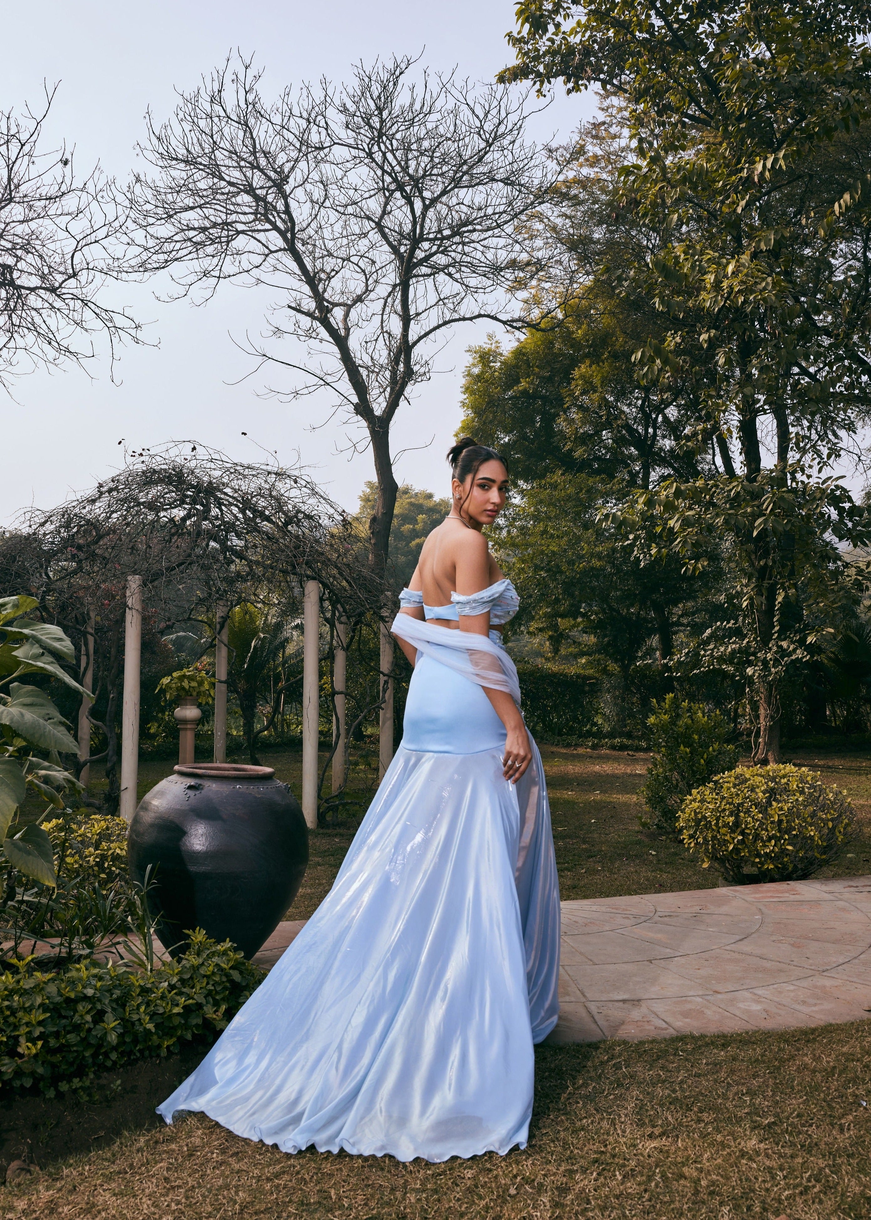 Jasmine Powder Blue Satin and Shimmer Chiffon Lehenga Set featuring a blend of satin and shimmer chiffon in a soft powder blue hue