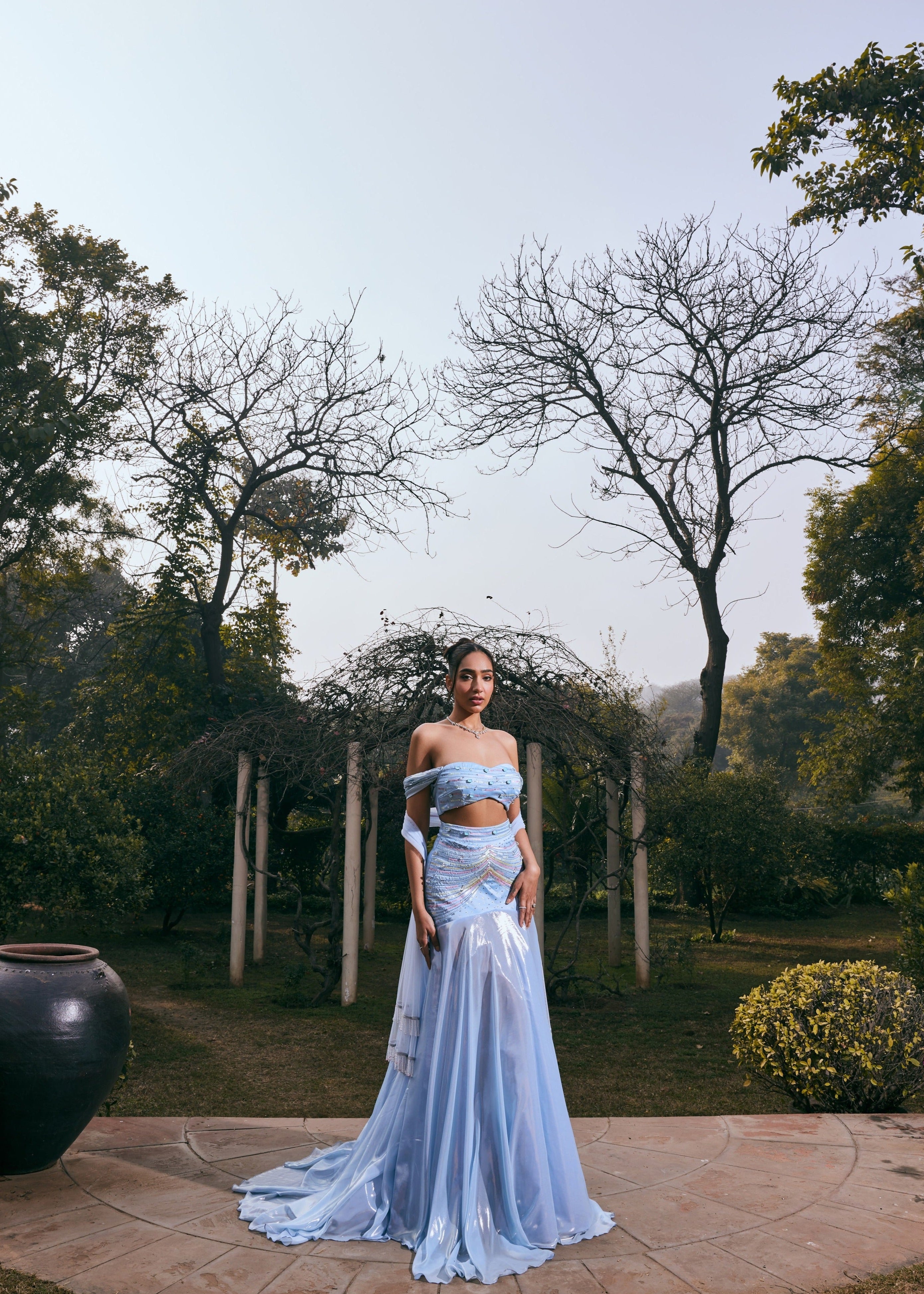 Jasmine Powder Blue Satin and Shimmer Chiffon Lehenga Set featuring a blend of satin and shimmer chiffon in a soft powder blue hue