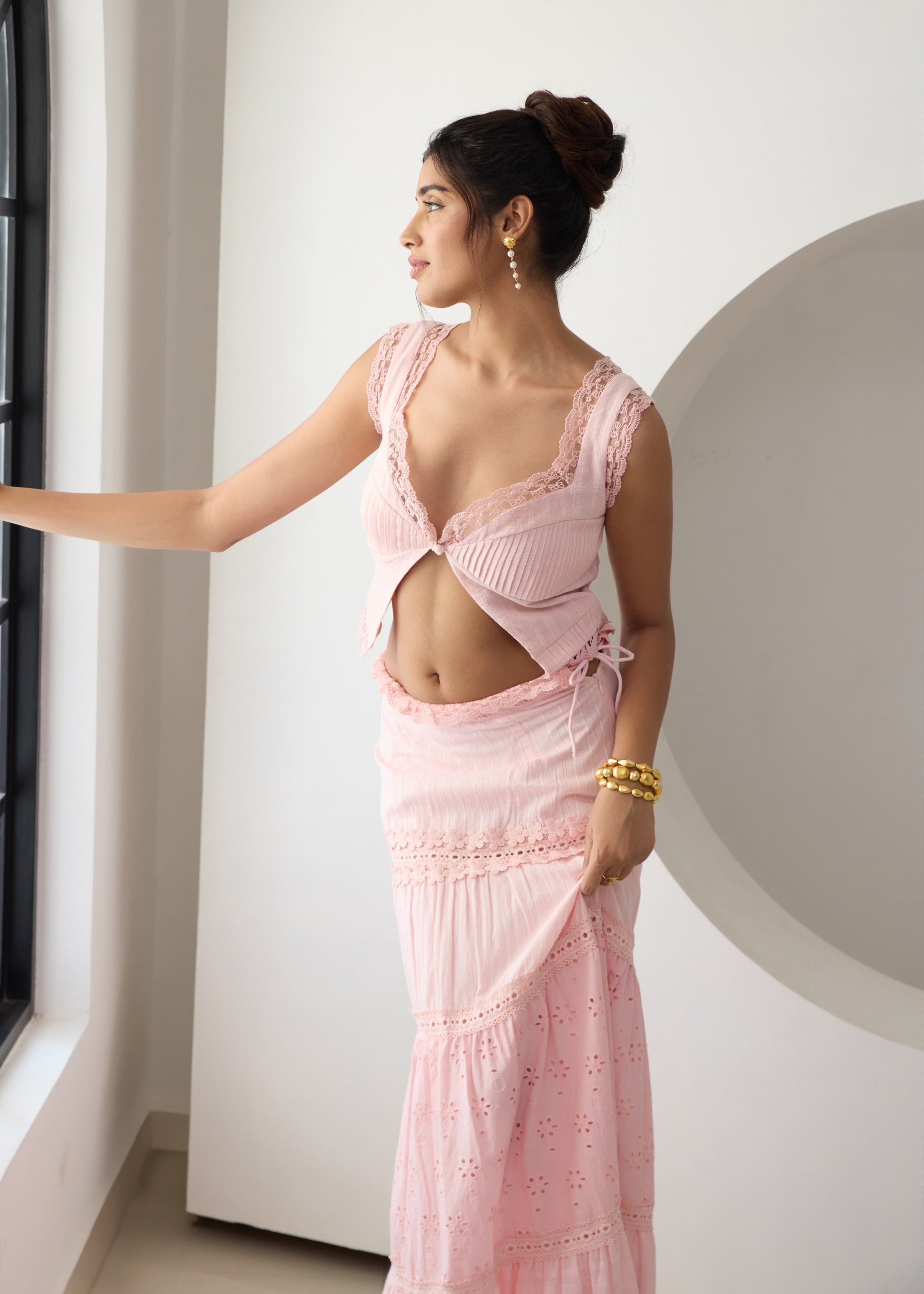 Journee Pink Embroidered Cotton Top and Skirt Set featuring intricate embroidery and a matching two-piece design