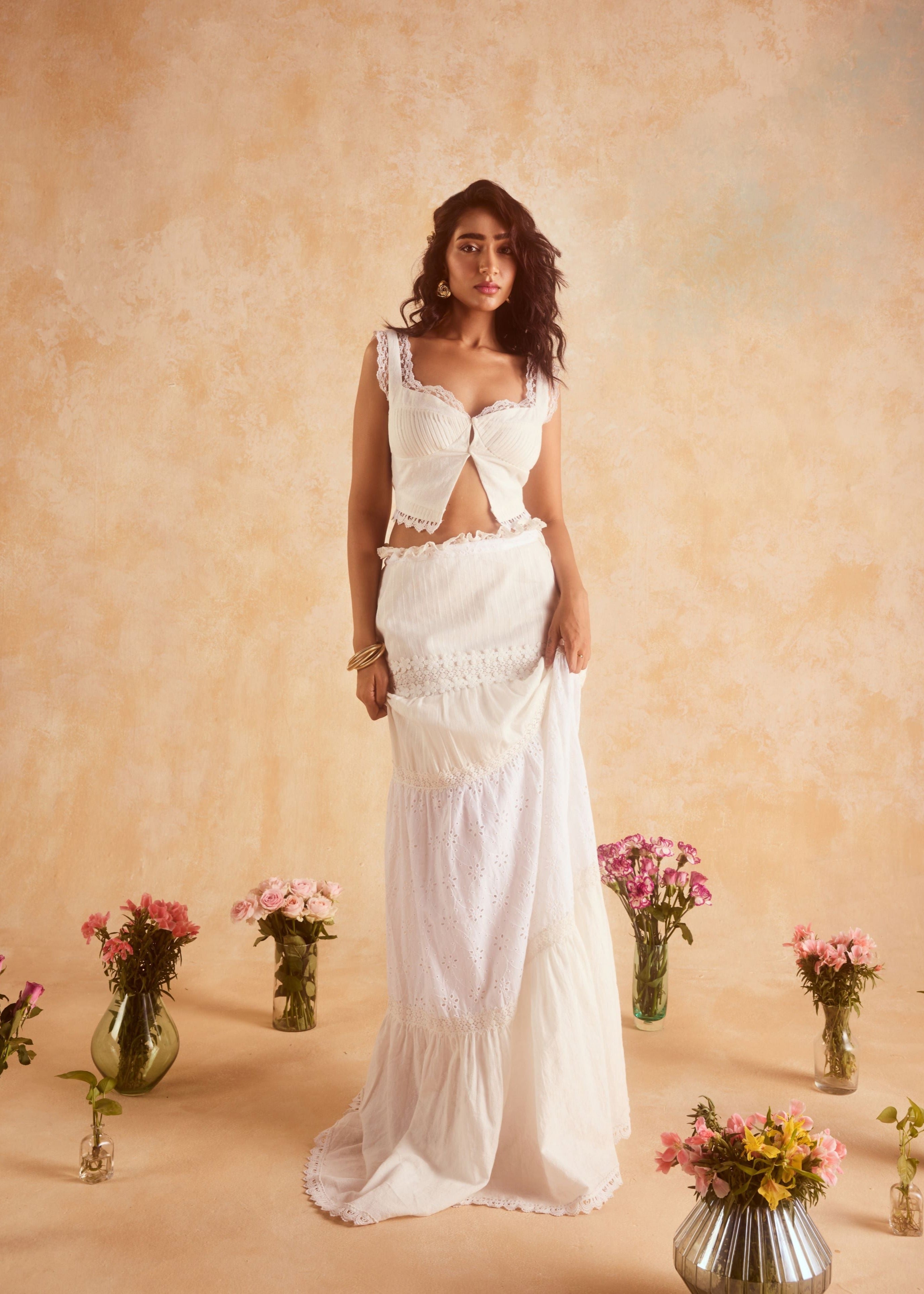 "Elegant Journee White Embroidered Cotton Top and Skirt Set with Intricate Detailing."