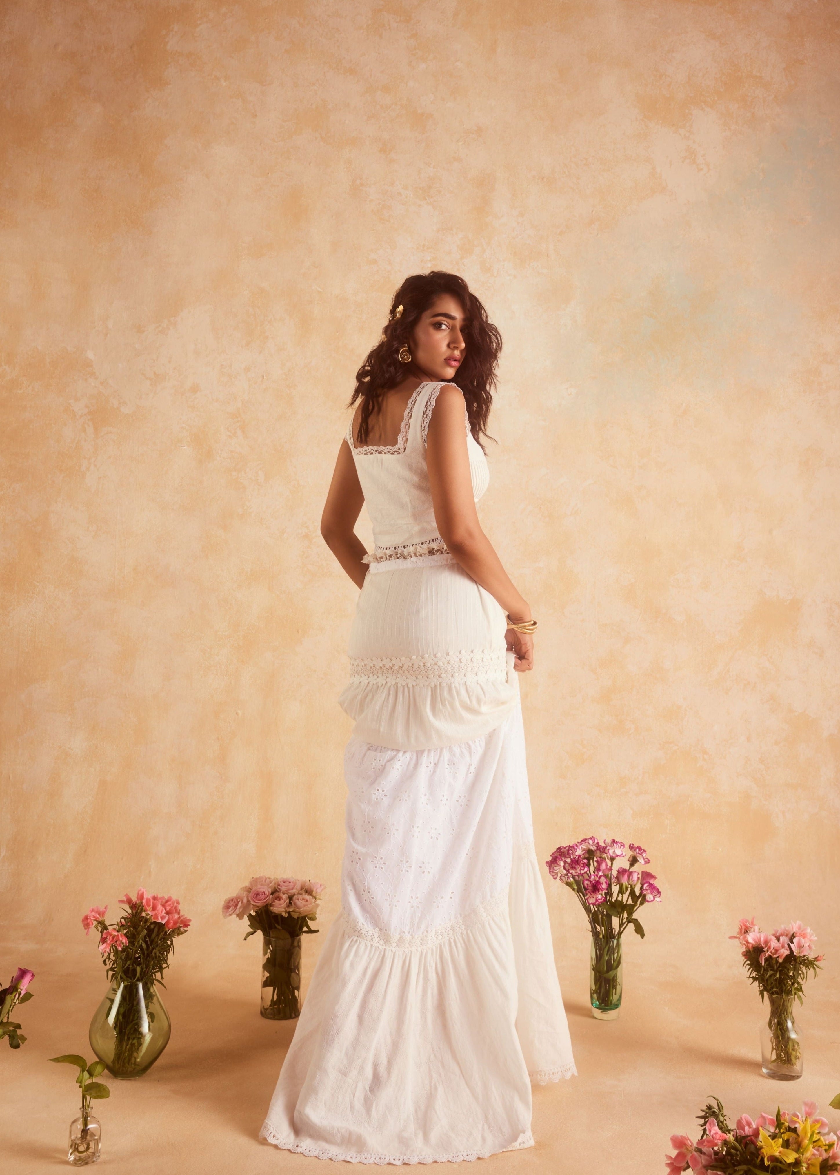 "Elegant Journee White Embroidered Cotton Top and Skirt Set with Intricate Detailing."