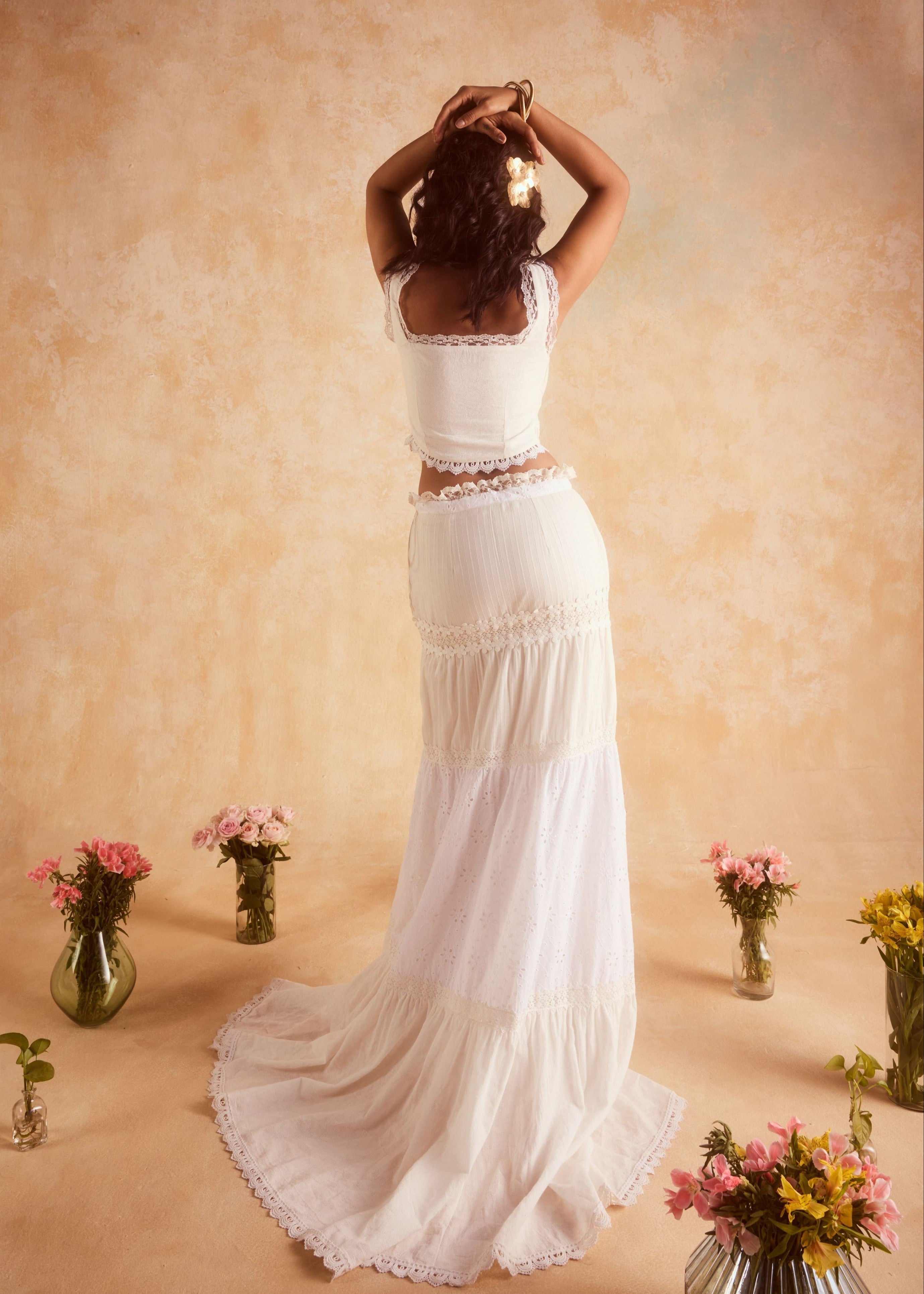 "Elegant Journee White Embroidered Cotton Top and Skirt Set with Intricate Detailing."