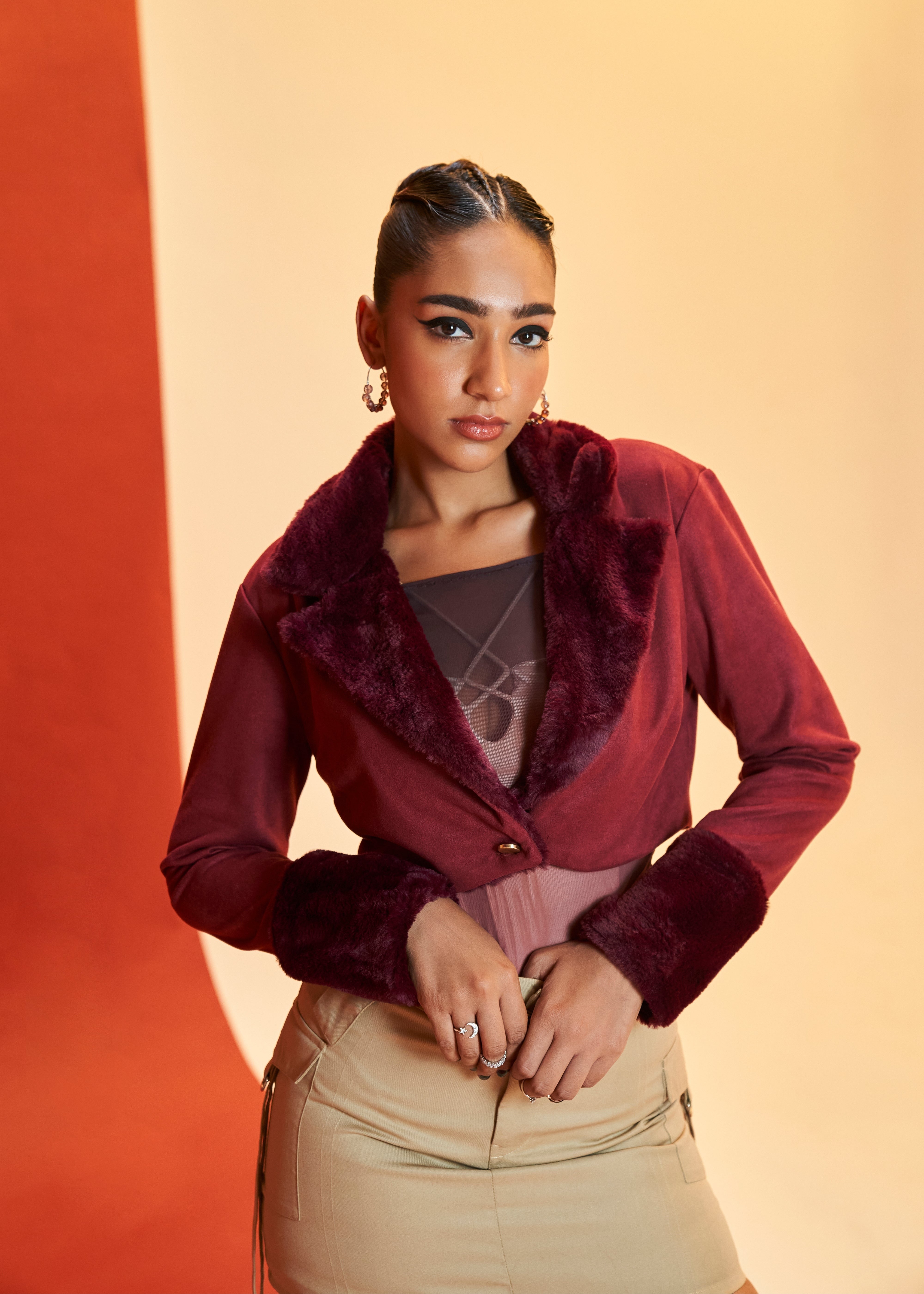 Katherine burgundy cropped jacket combining faux fur and suede for a luxurious and stylish look