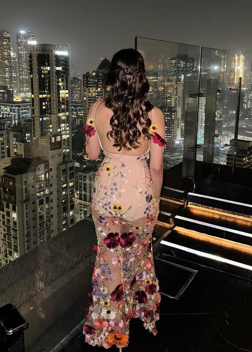 Katrina Nude 3-D Flower Embroidered Gown, showcasing intricate floral embellishments for an elegant and sophisticated look