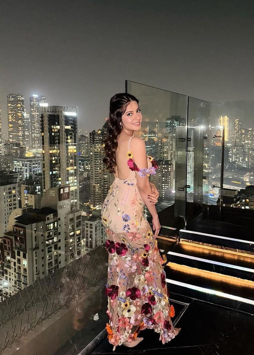 Katrina Nude 3-D Flower Embroidered Gown, showcasing intricate floral embellishments for an elegant and sophisticated look