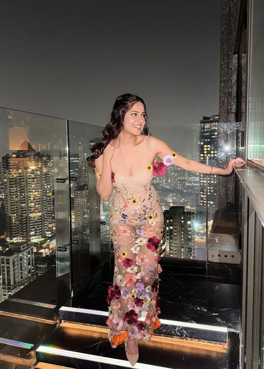 Katrina Nude 3-D Flower Embroidered Gown, showcasing intricate floral embellishments for an elegant and sophisticated look