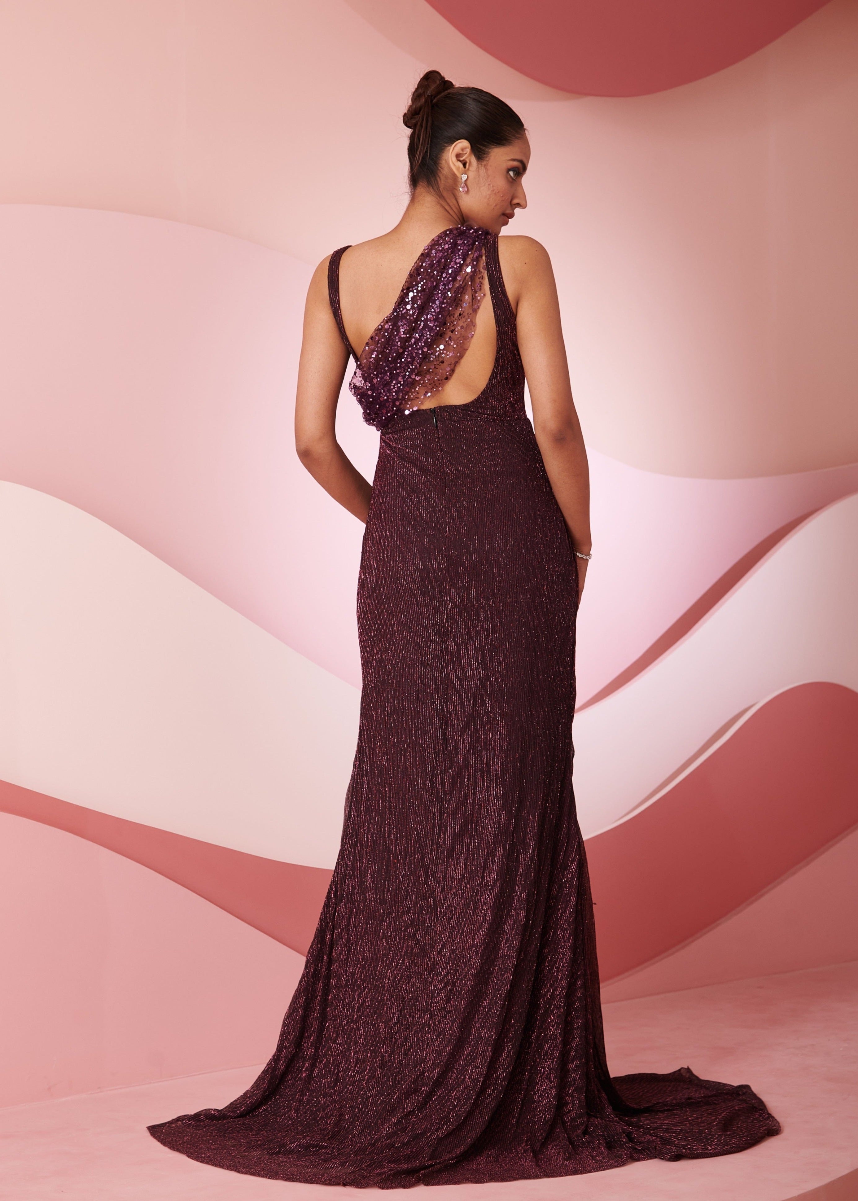 Koa burgundy shimmer embroidered slit gown with dazzling embroidery and a sleek slit design, perfect for glamorous occasions.